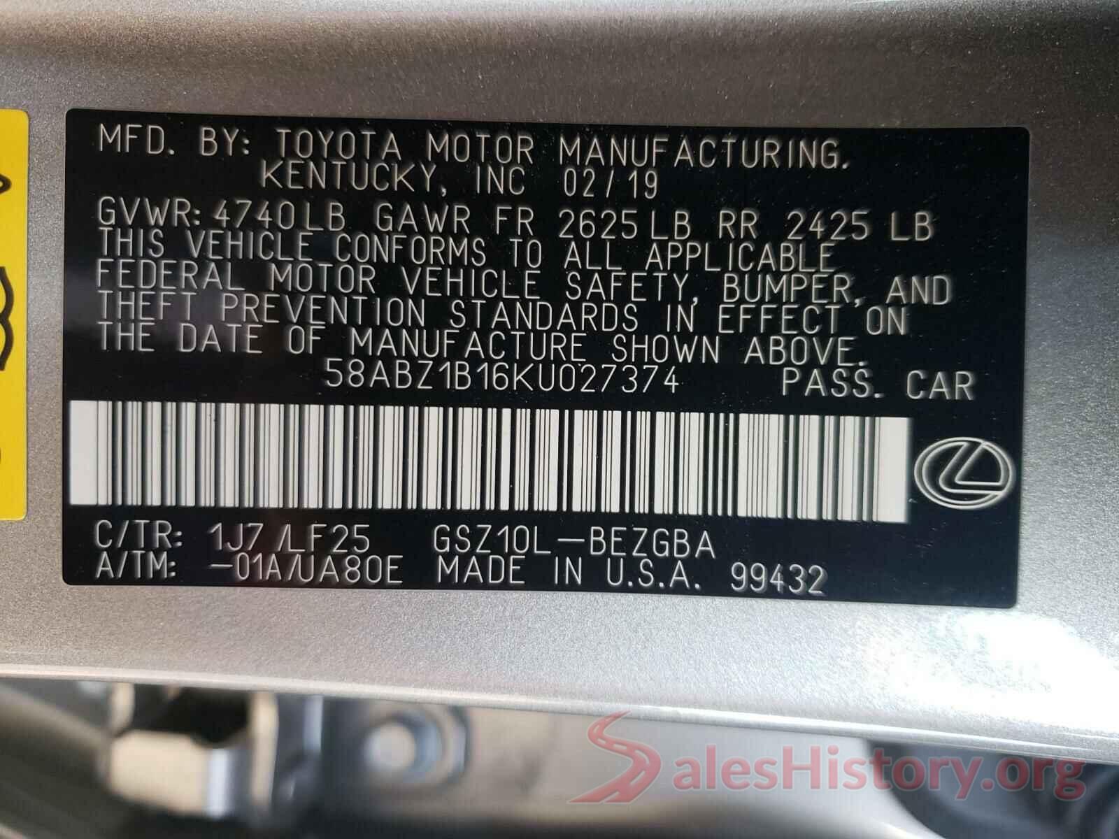 58ABZ1B16KU027374 2019 LEXUS ES350