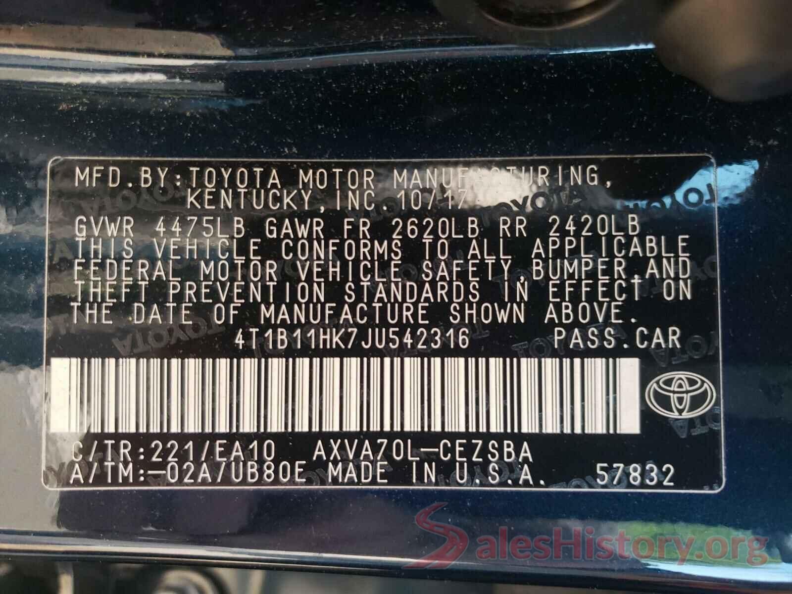 4T1B11HK7JU542316 2018 TOYOTA CAMRY