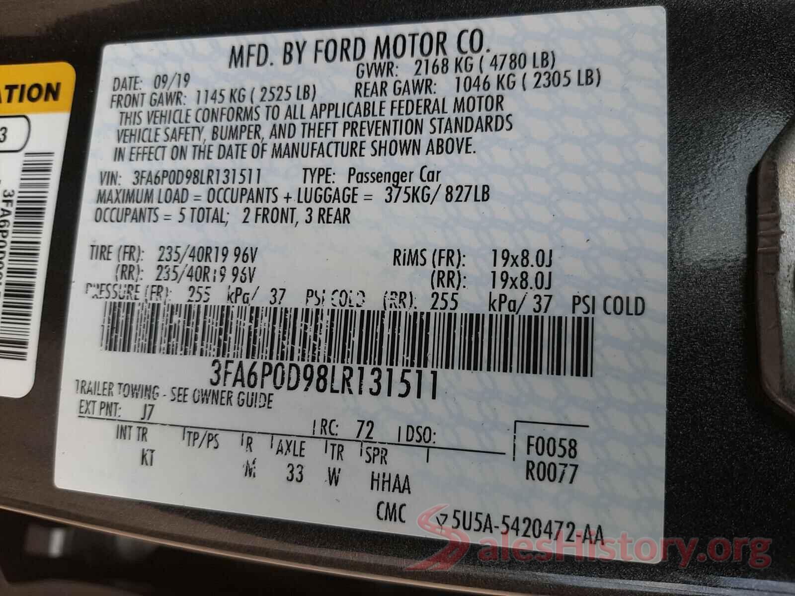 3FA6P0D98LR131511 2020 FORD FUSION