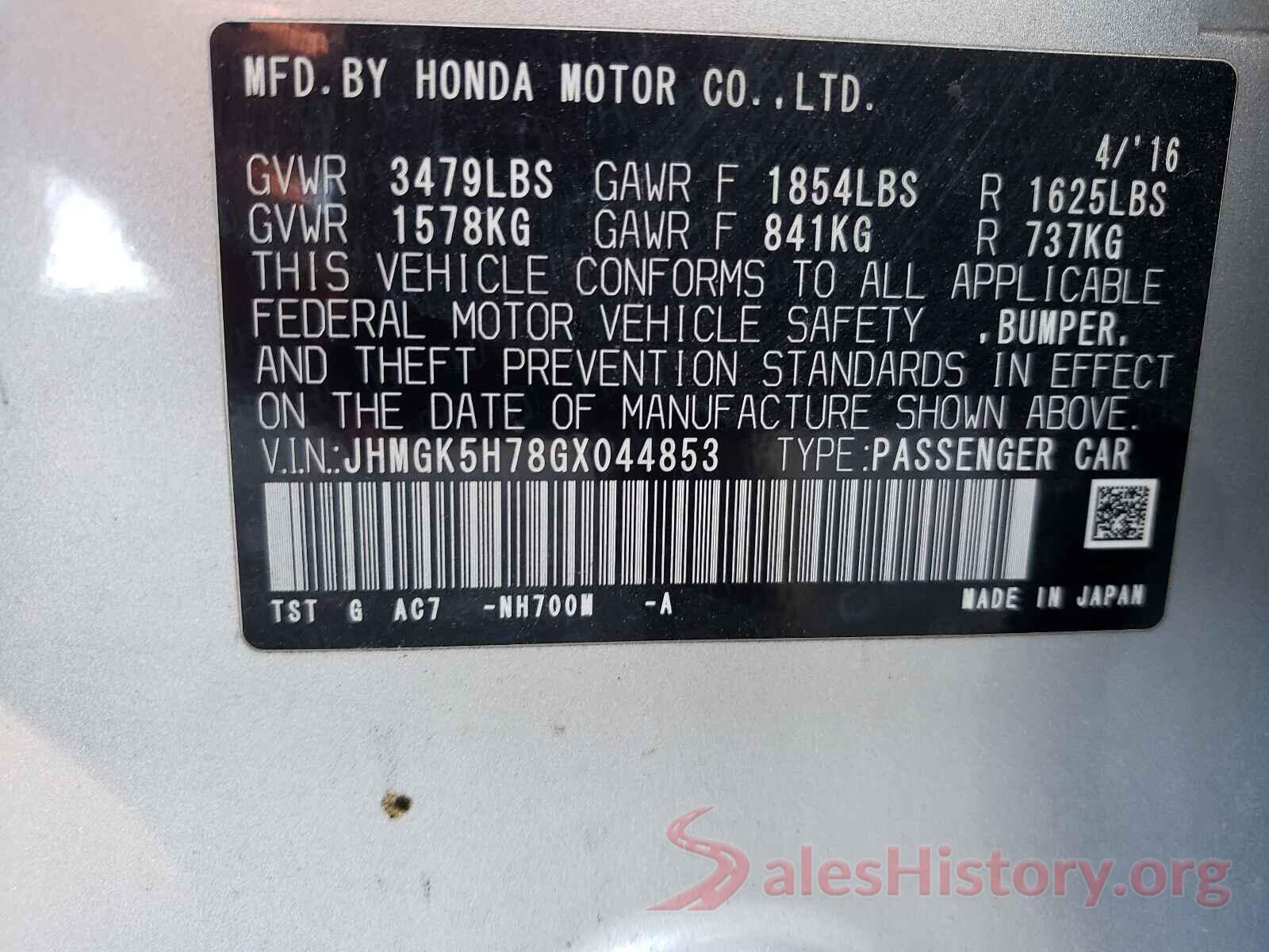 JHMGK5H78GX044853 2016 HONDA FIT