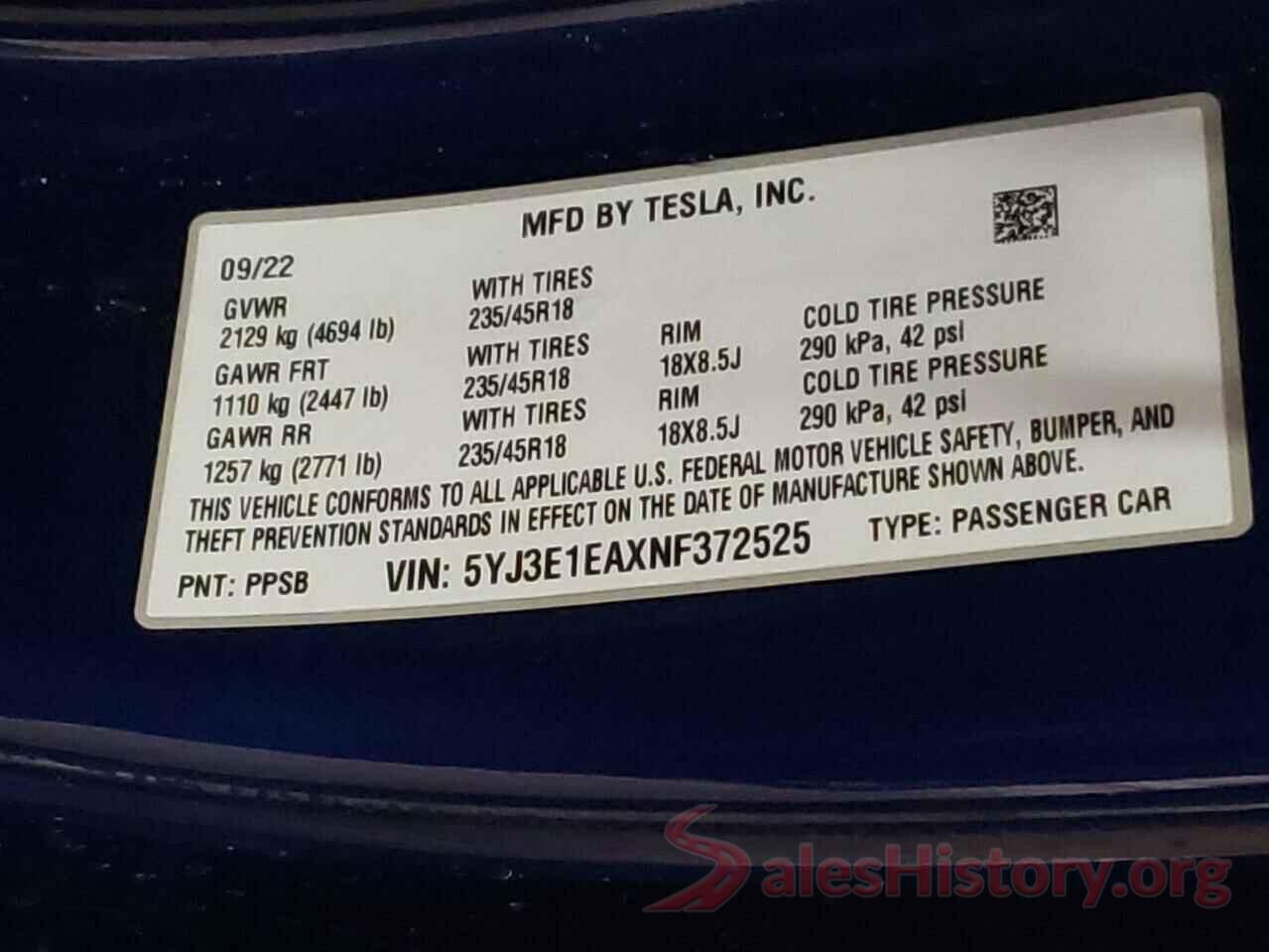 5YJ3E1EAXNF372525 2022 TESLA MODEL 3