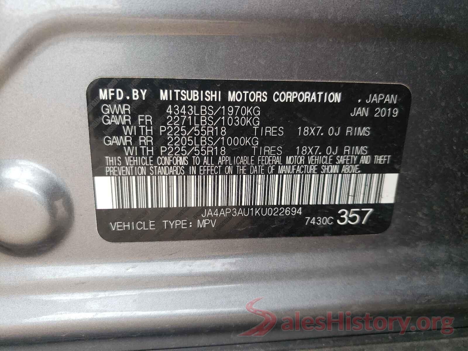 JA4AP3AU1KU022694 2019 MITSUBISHI OUTLANDER