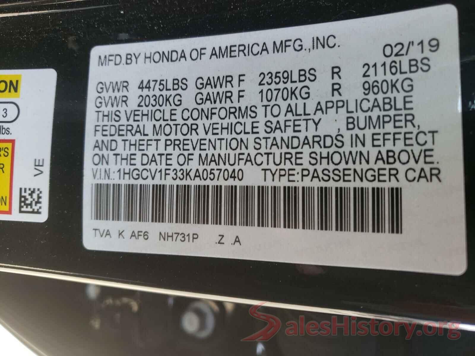 1HGCV1F33KA057040 2019 HONDA ACCORD