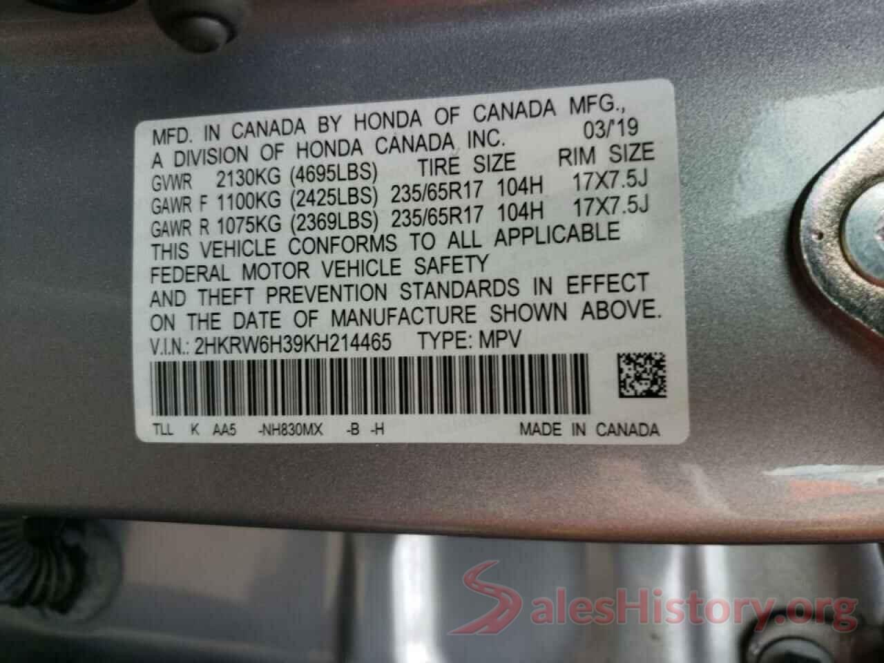 2HKRW6H39KH214465 2019 HONDA CRV