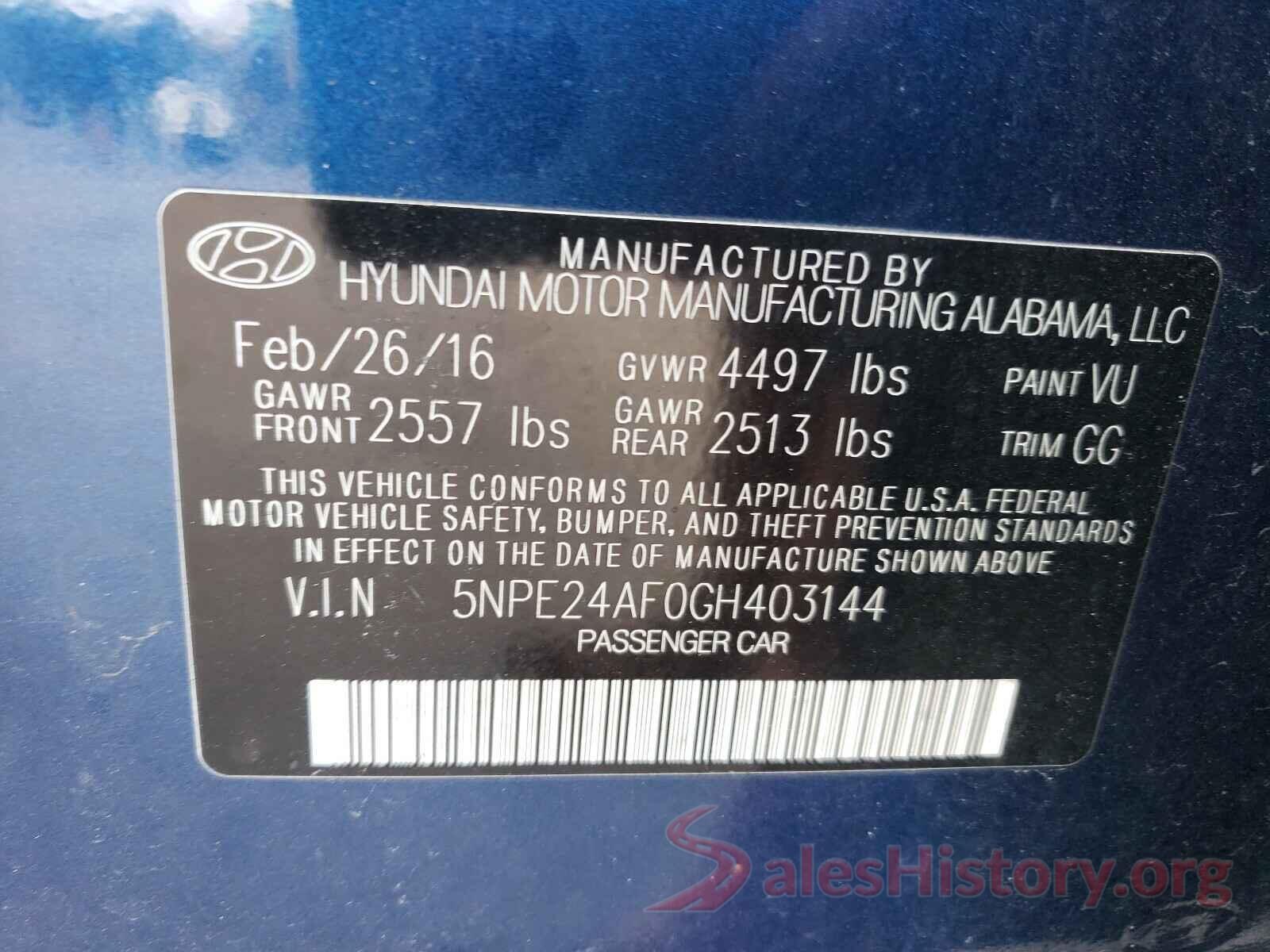 5NPE24AF0GH403144 2016 HYUNDAI SONATA