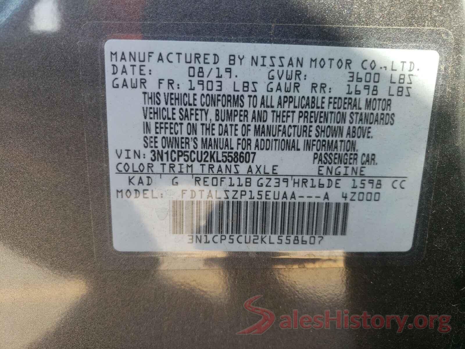 3N1CP5CU2KL558607 2019 NISSAN KICKS