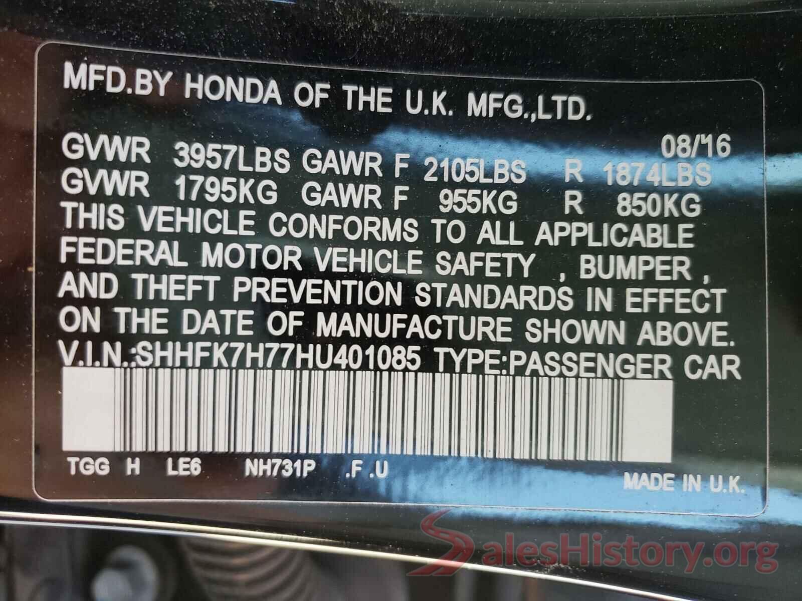 SHHFK7H77HU401085 2017 HONDA CIVIC