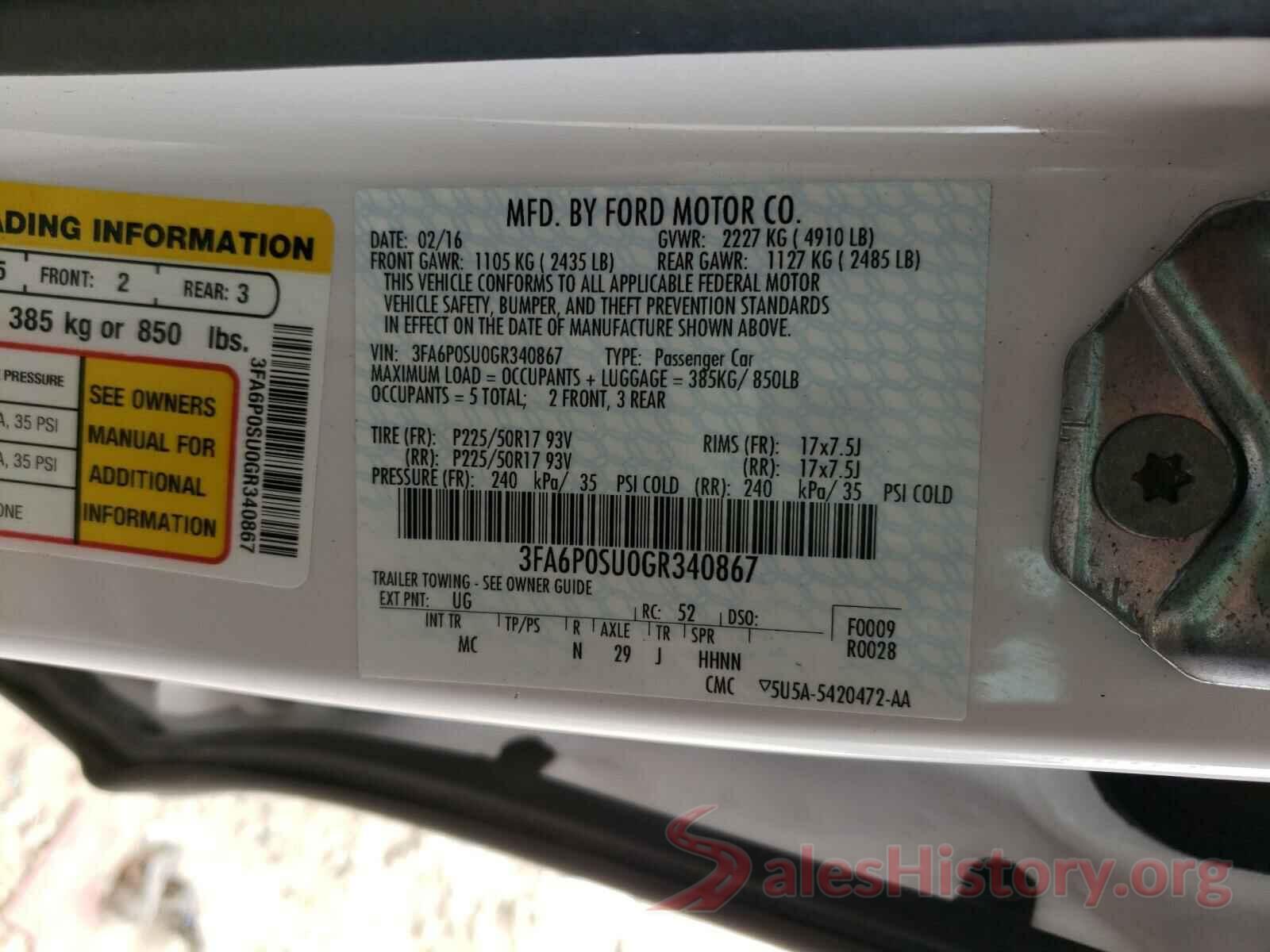 3FA6P0SU0GR340867 2016 FORD FUSION