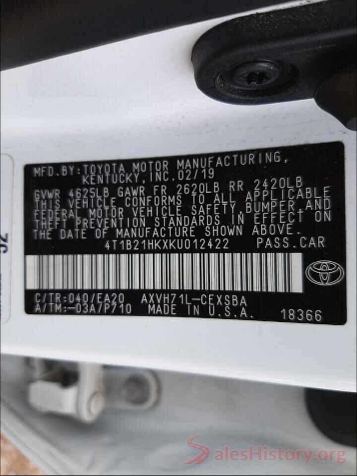 4T1B21HKXKU012422 2019 TOYOTA CAMRY