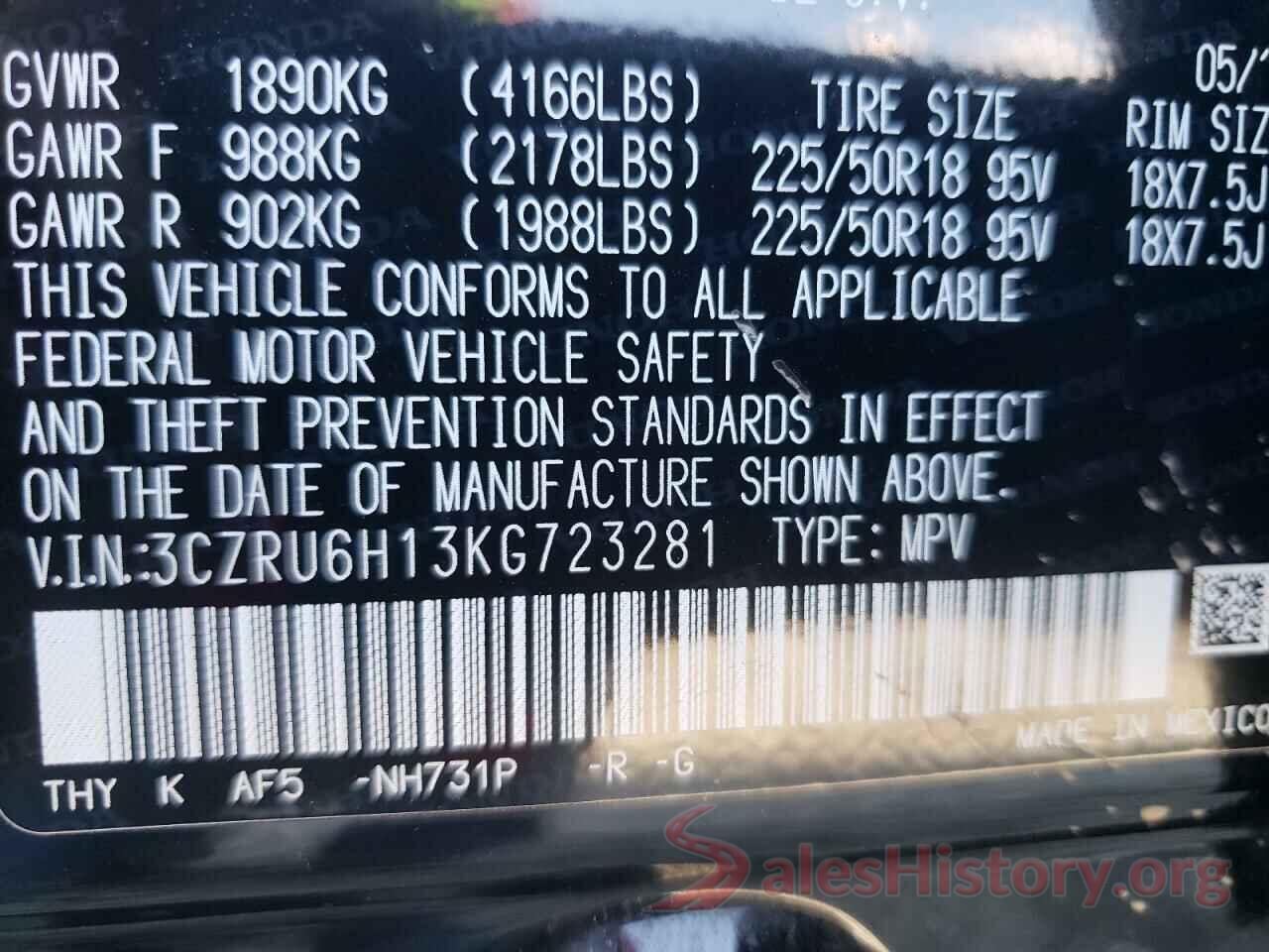 3CZRU6H13KG723281 2019 HONDA HR-V