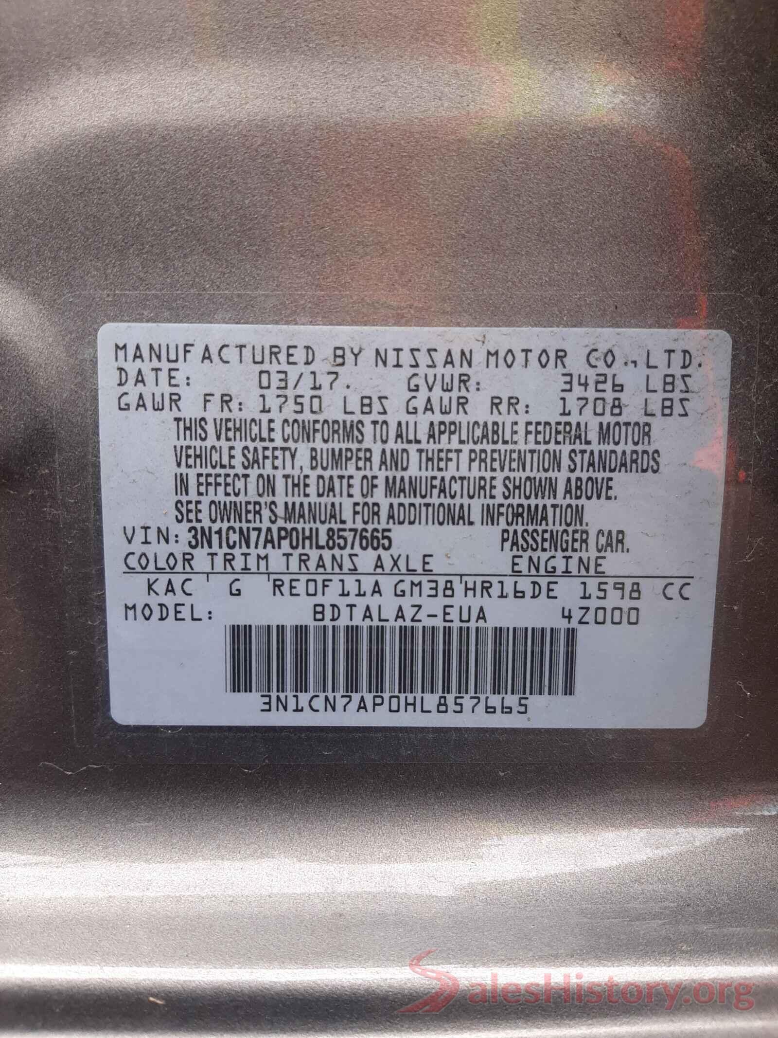 3N1CN7AP0HL857665 2017 NISSAN VERSA