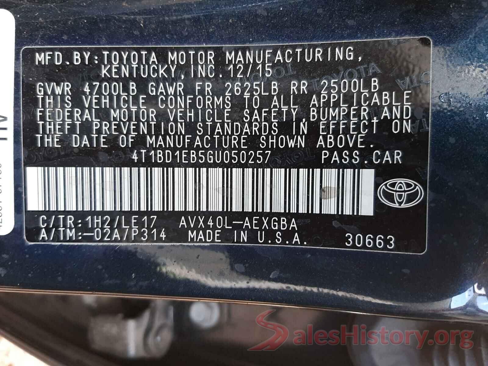 4T1BD1EB5GU050257 2016 TOYOTA AVALON