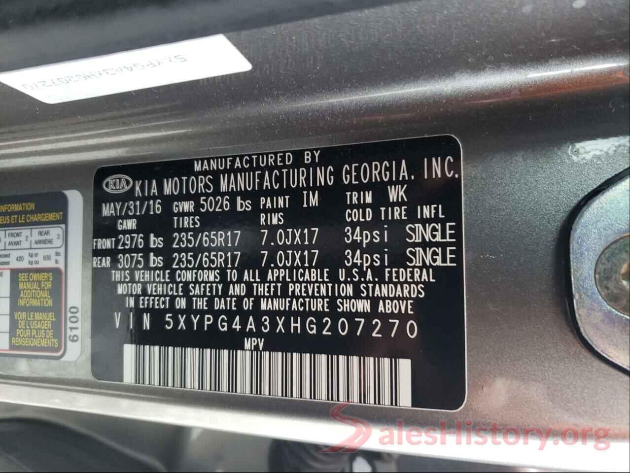 5XYPG4A3XHG207270 2017 KIA SORENTO