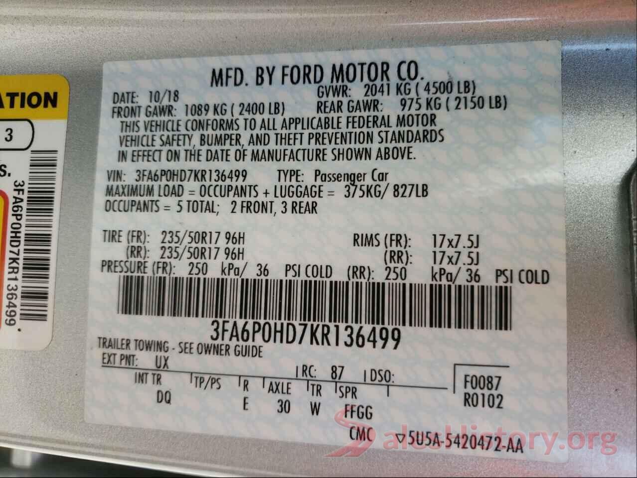 3FA6P0HD7KR136499 2019 FORD FUSION