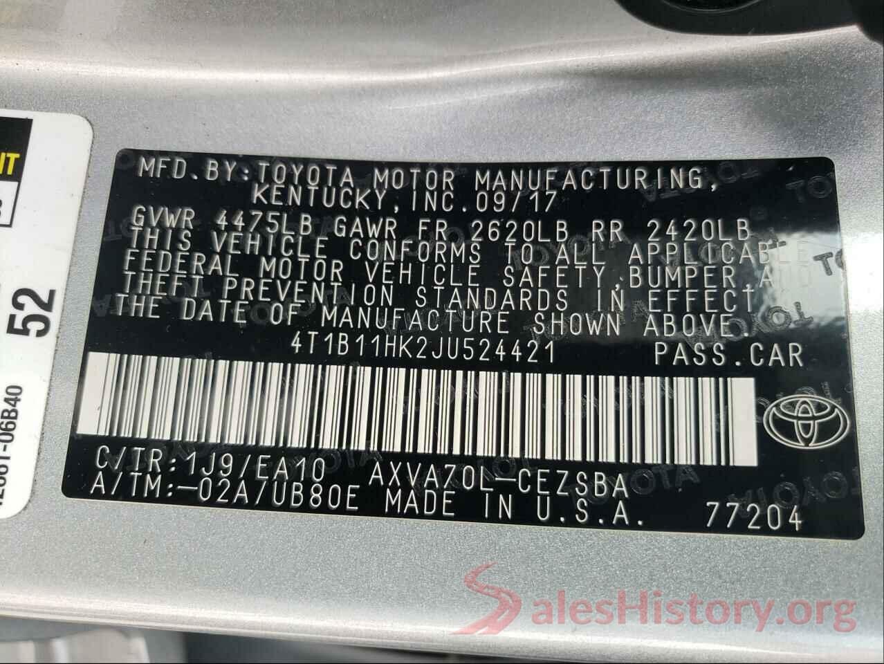 4T1B11HK2JU524421 2018 TOYOTA CAMRY