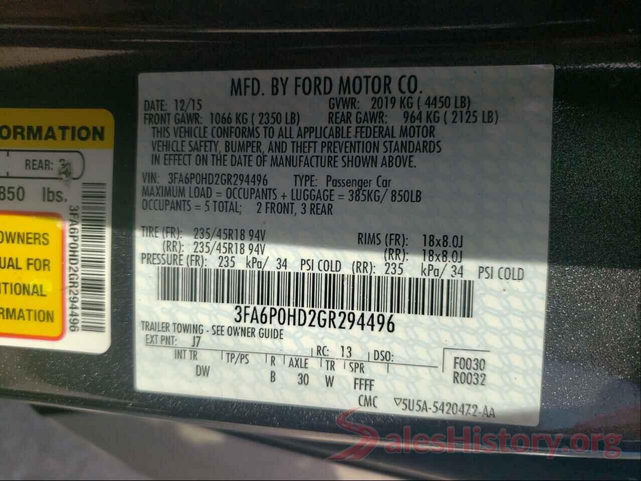 3FA6P0HD2GR294496 2016 FORD FUSION