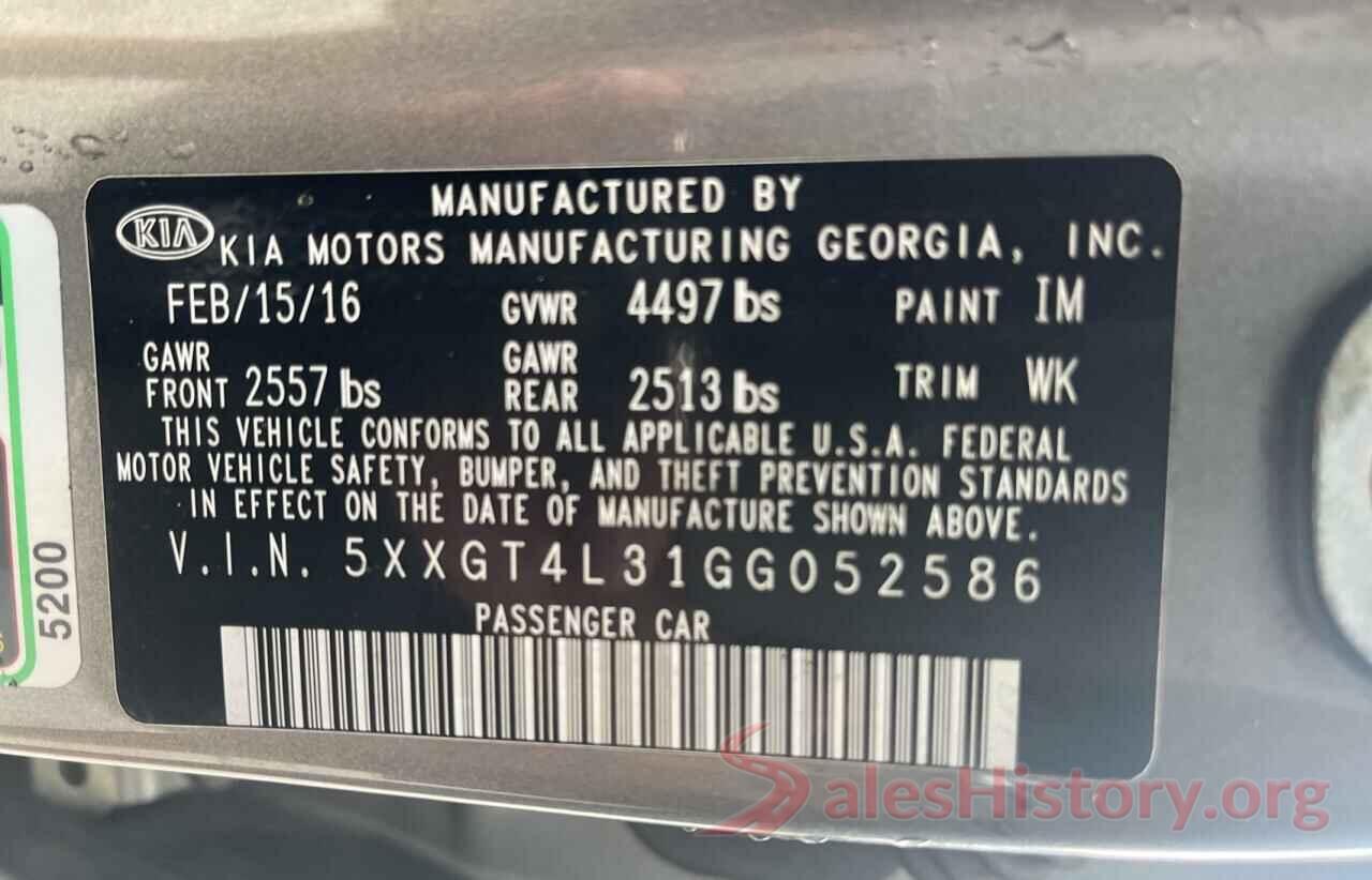 5XXGT4L31GG052586 2016 KIA OPTIMA