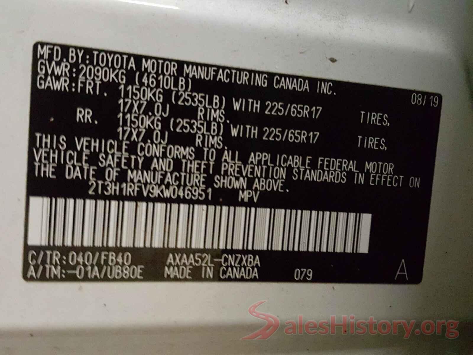 2T3H1RFV9KW046951 2019 TOYOTA RAV4