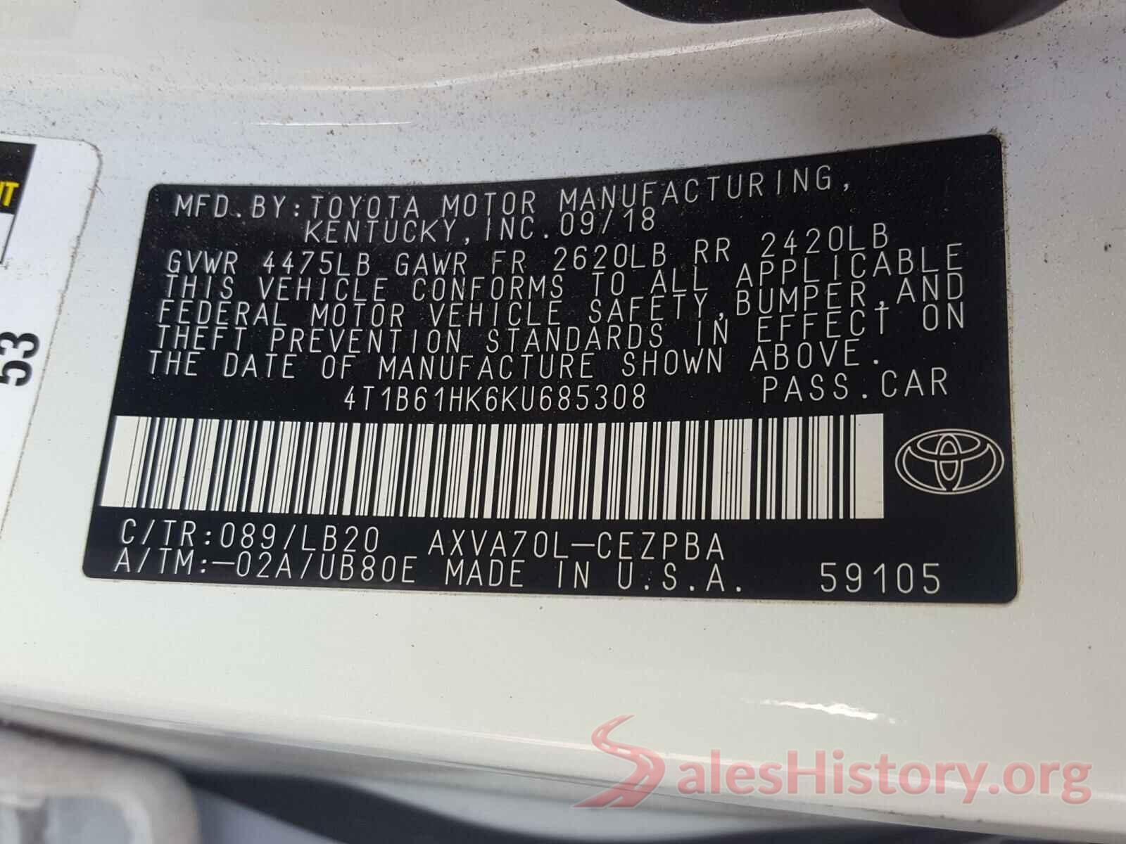 4T1B61HK6KU685308 2019 TOYOTA CAMRY