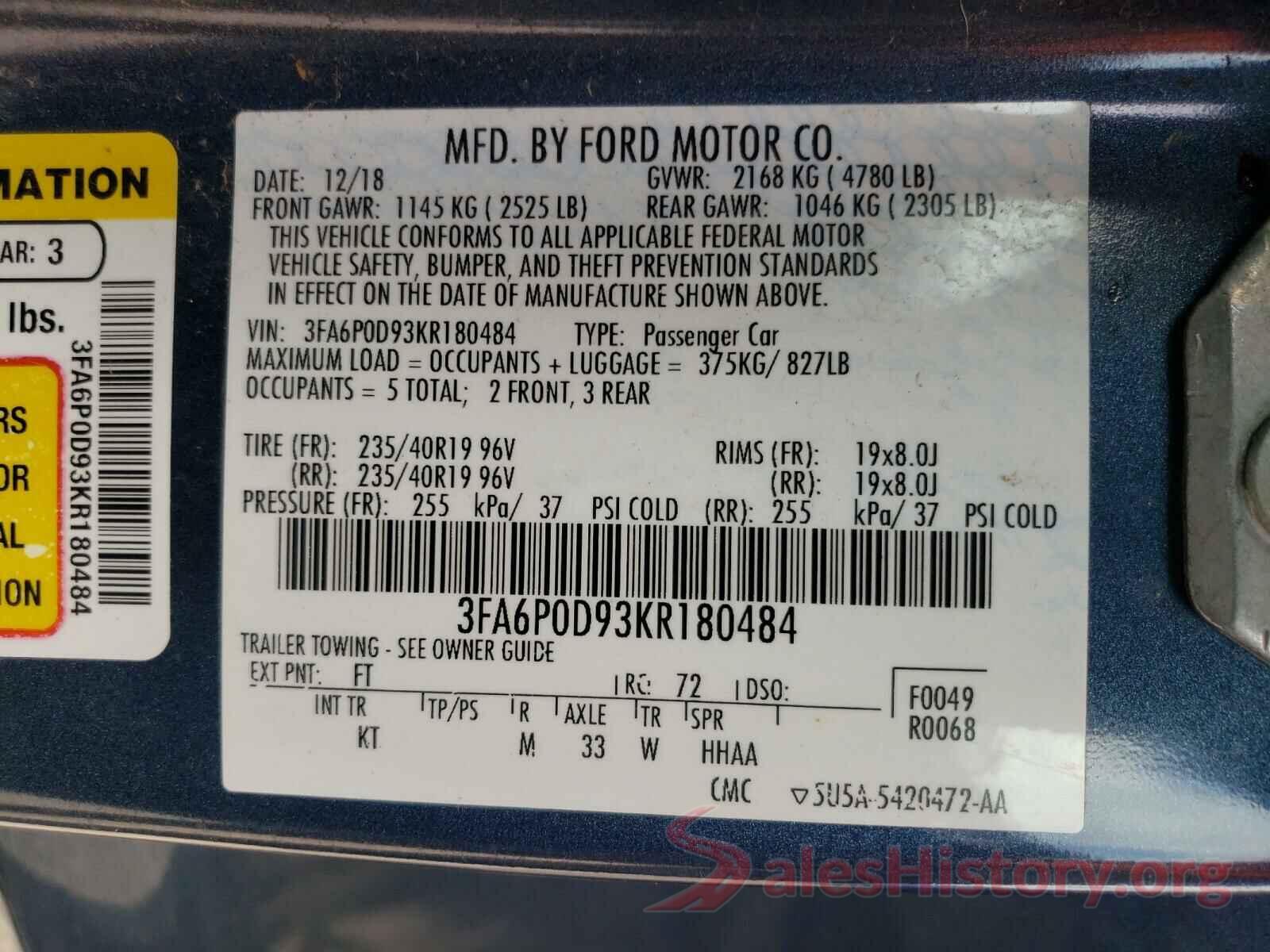 3FA6P0D93KR180484 2019 FORD FUSION