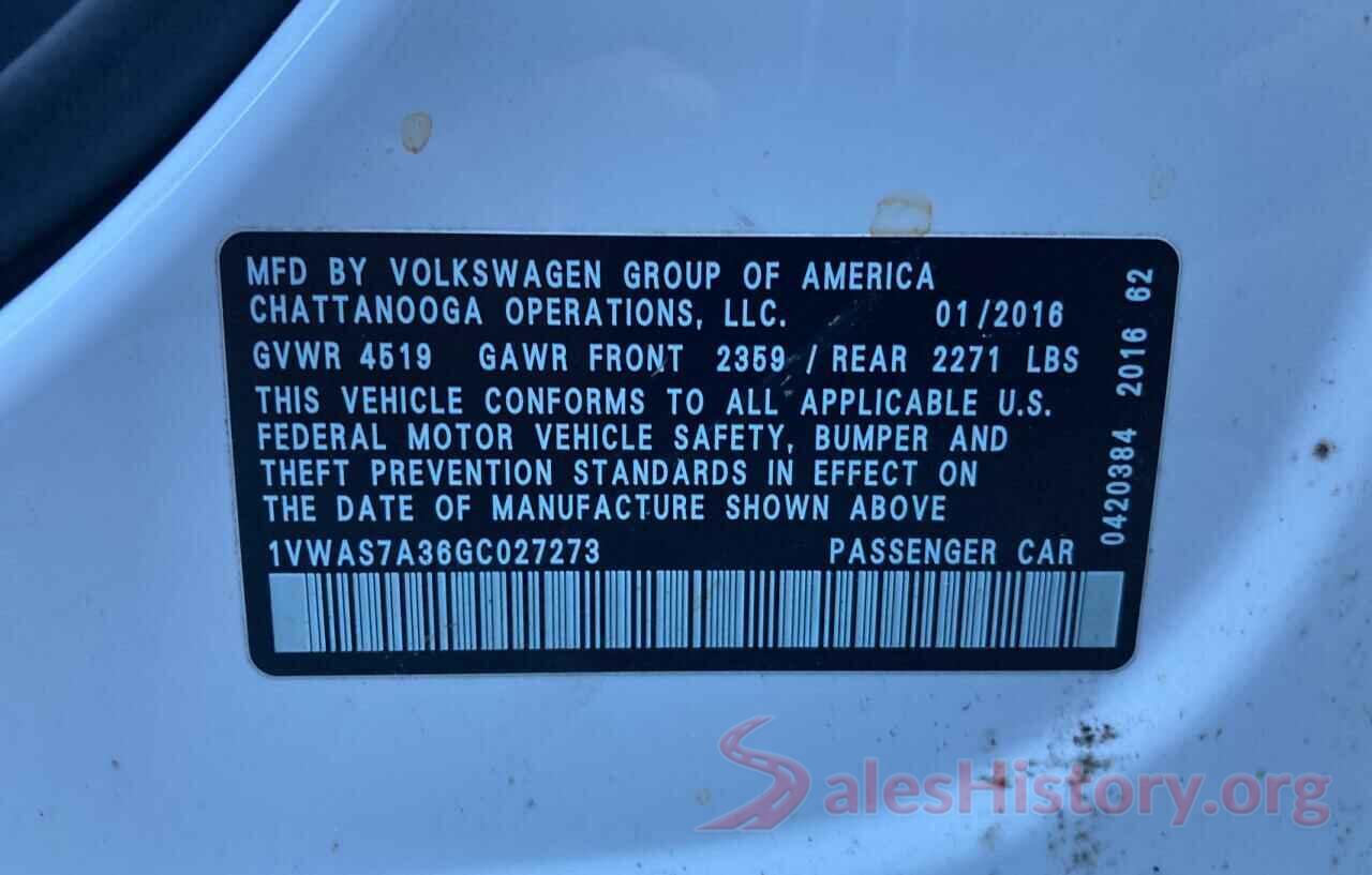 1VWAS7A36GC027273 2016 VOLKSWAGEN PASSAT