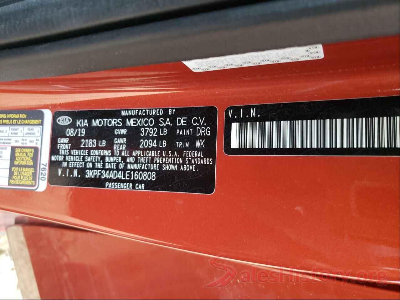 3KPF34AD4LE160808 2020 KIA FORTE