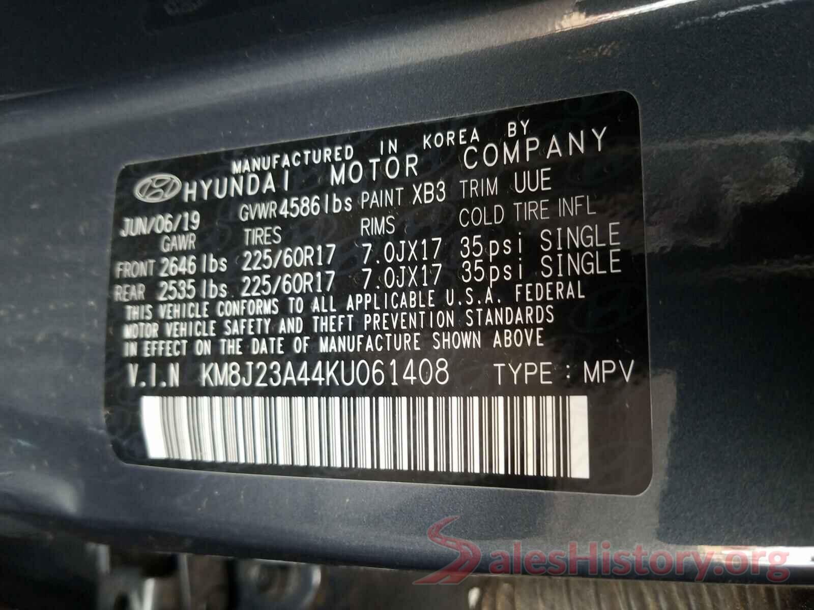 KM8J23A44KU061408 2019 HYUNDAI TUCSON