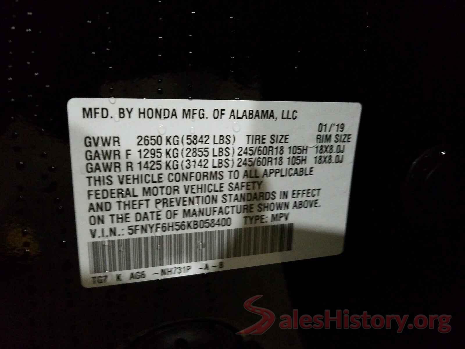 5FNYF6H56KB058400 2019 HONDA PILOT