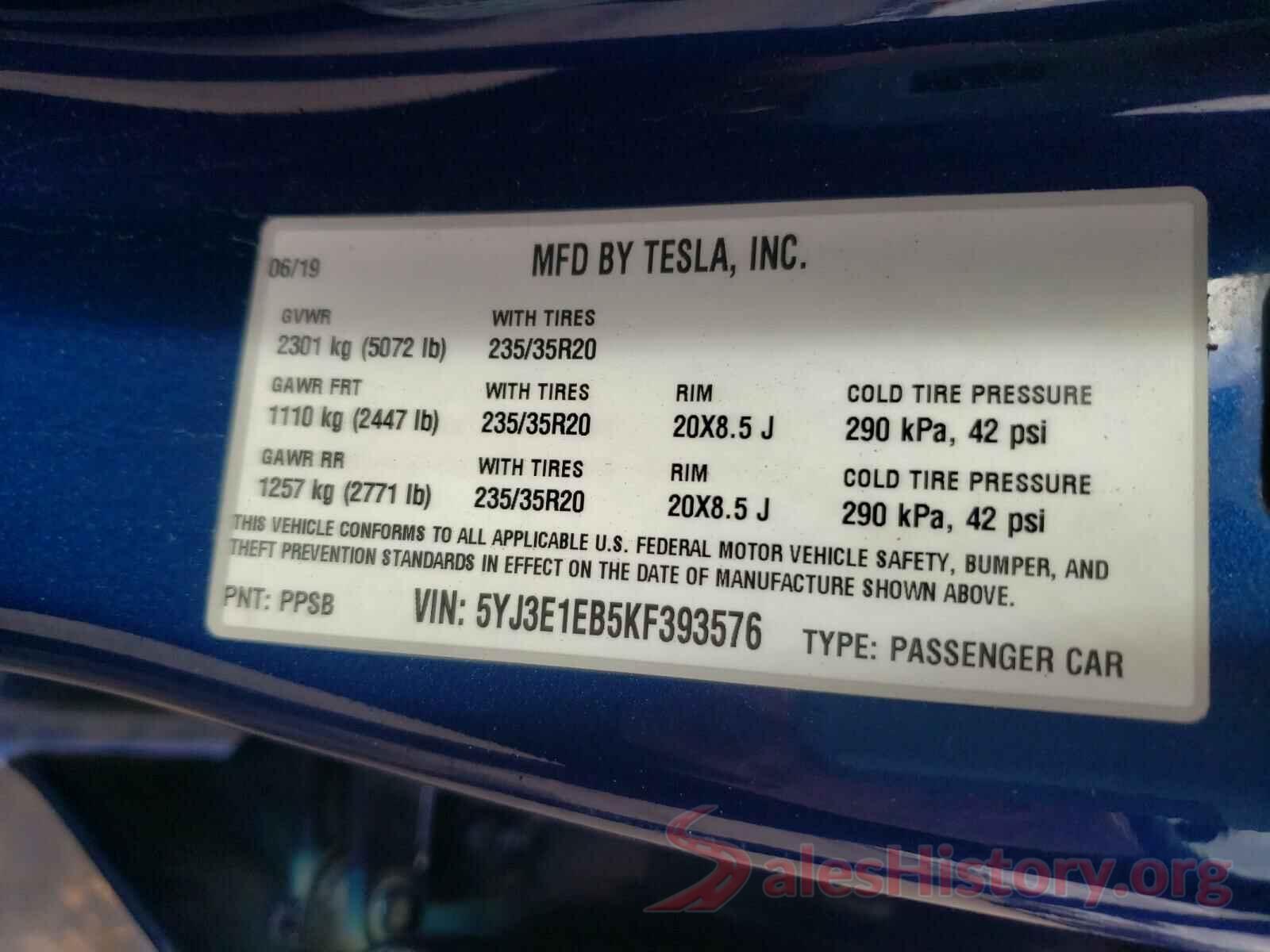 5YJ3E1EB5KF393576 2019 TESLA MODEL 3