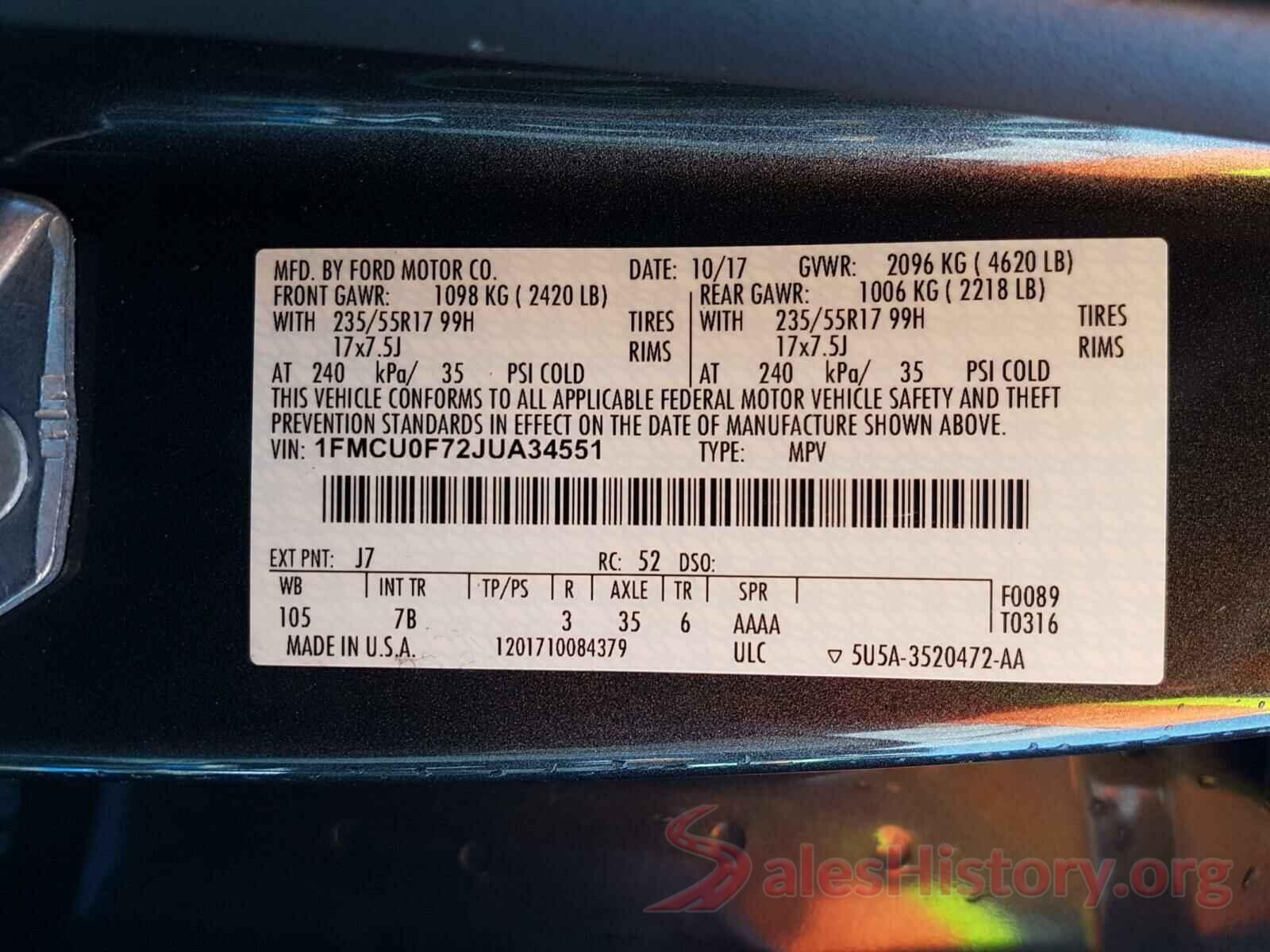 1FMCU0F72JUA34551 2018 FORD ESCAPE