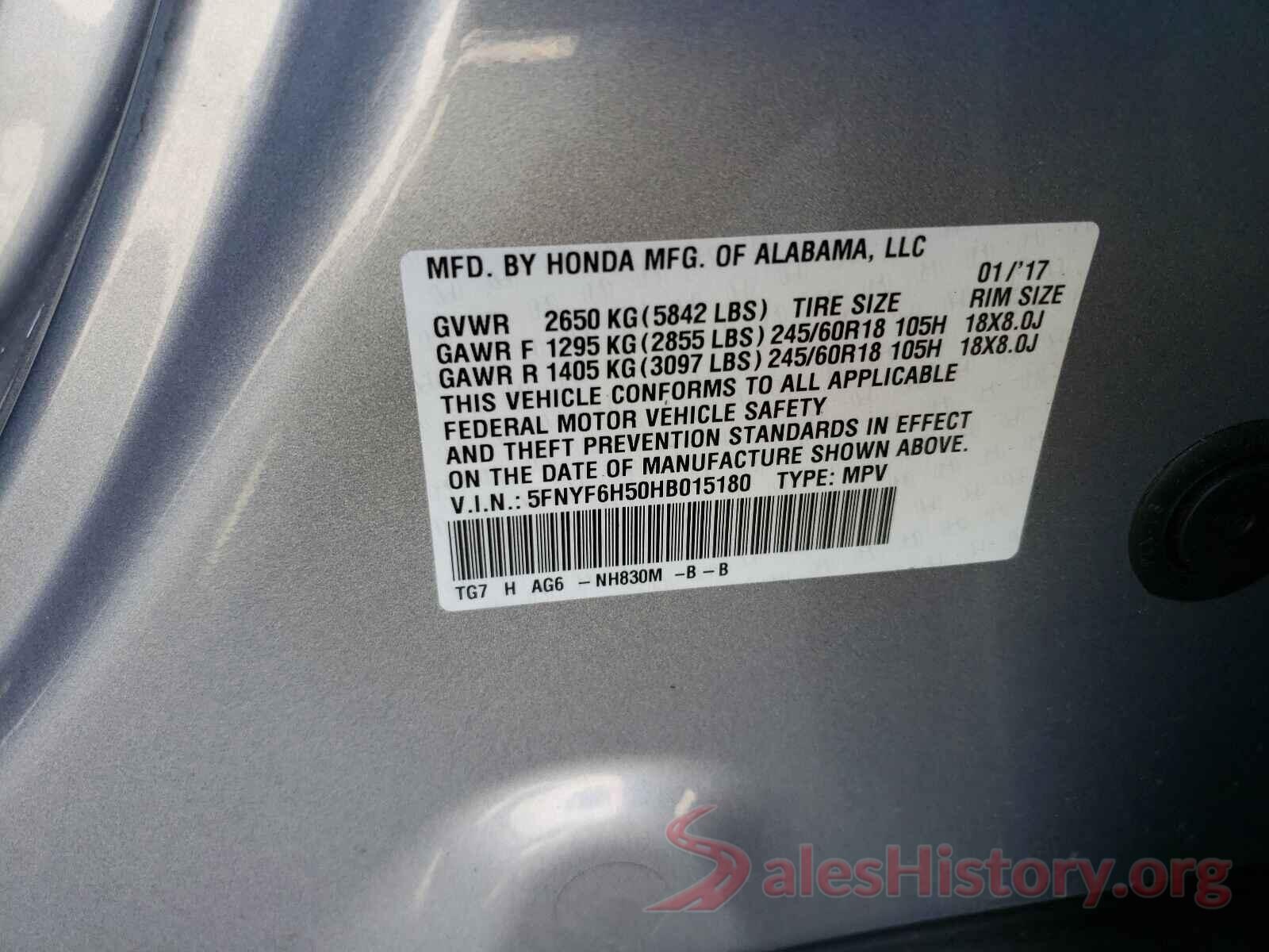 5FNYF6H50HB015180 2017 HONDA PILOT