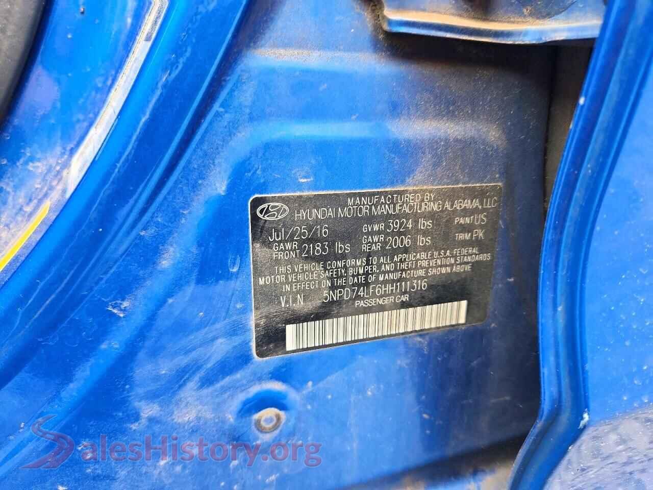 2017 HYUNDAI ELANTRA VIN 5NPD74LF6HH111316, wheel and tire