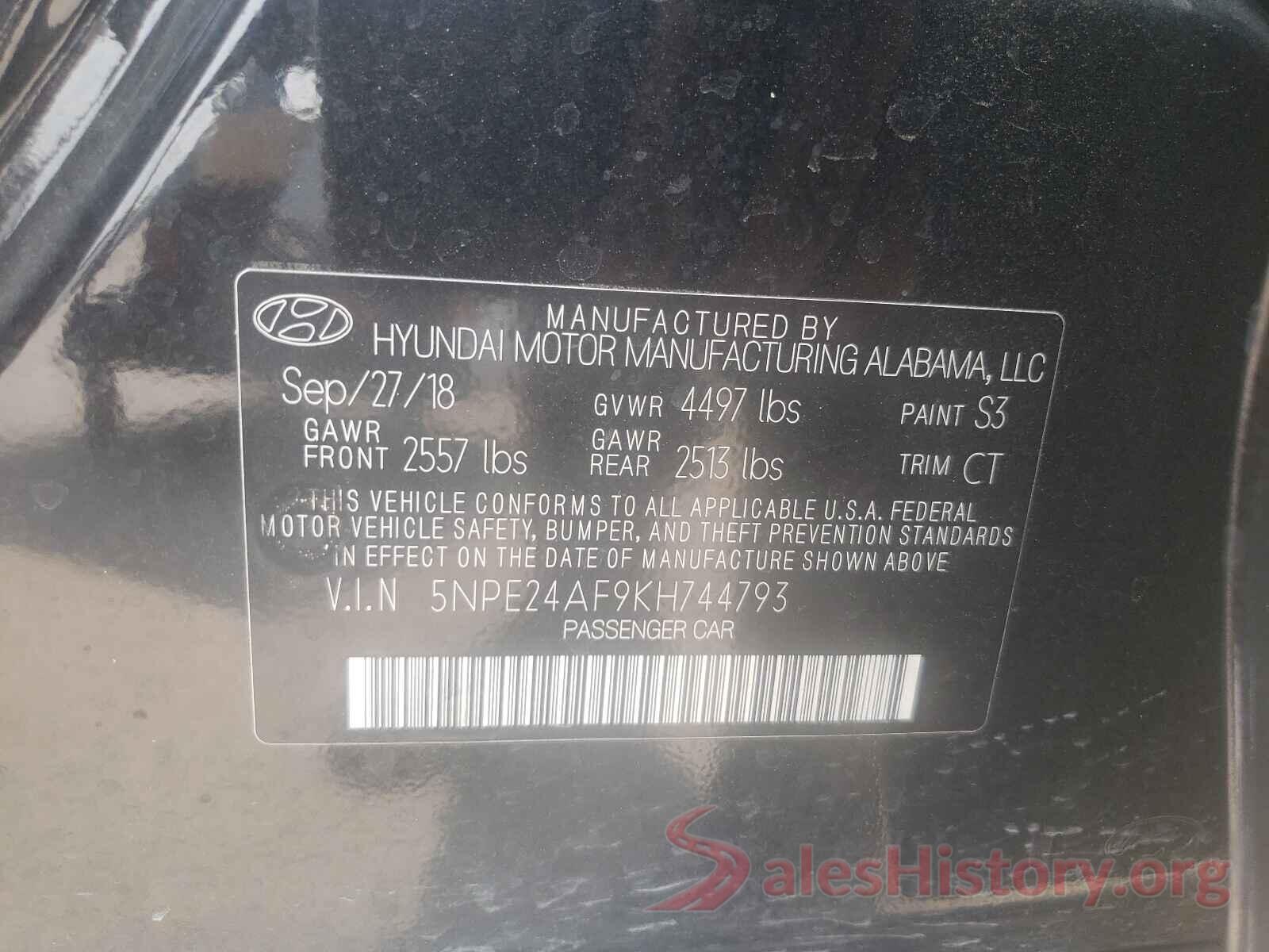 5NPE24AF9KH744793 2019 HYUNDAI SONATA