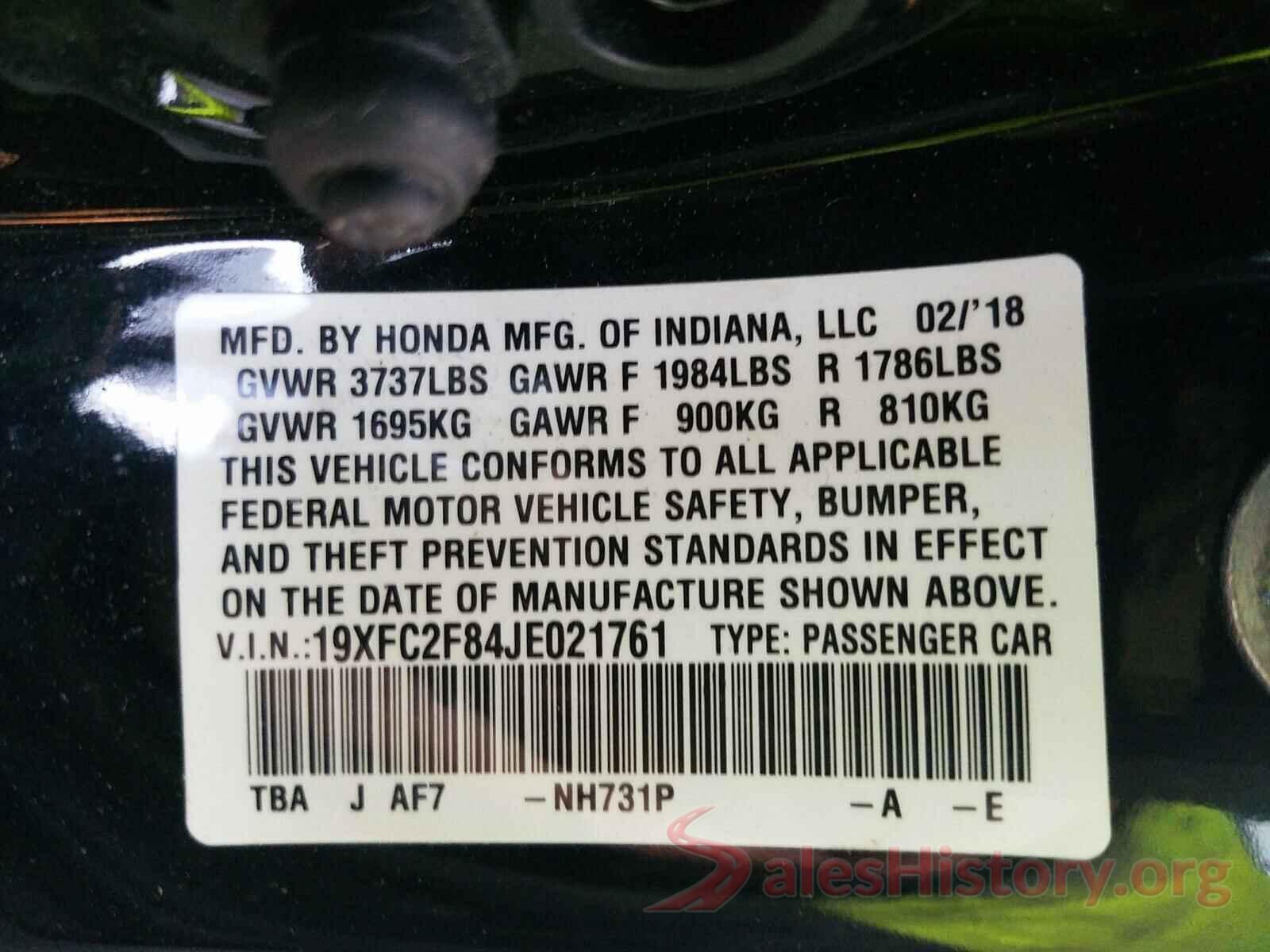 19XFC2F84JE021761 2018 HONDA CIVIC