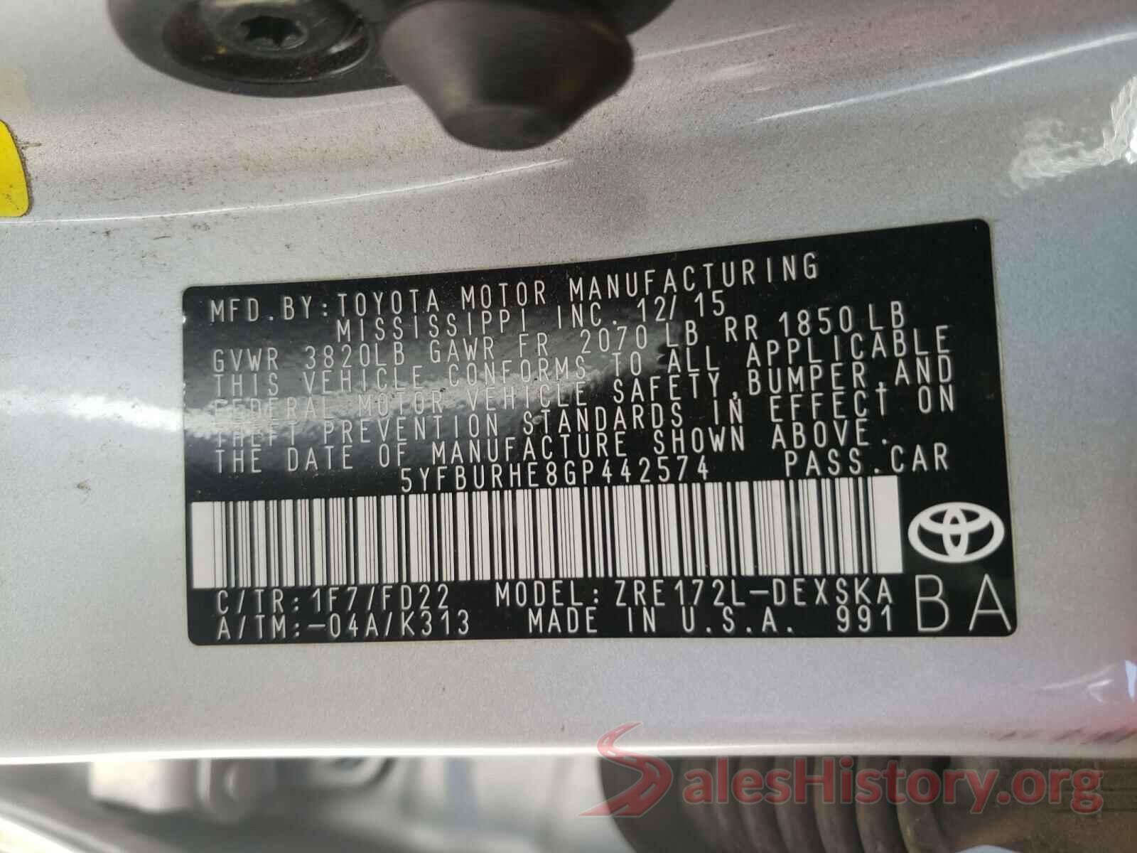 5YFBURHE8GP442574 2016 TOYOTA COROLLA