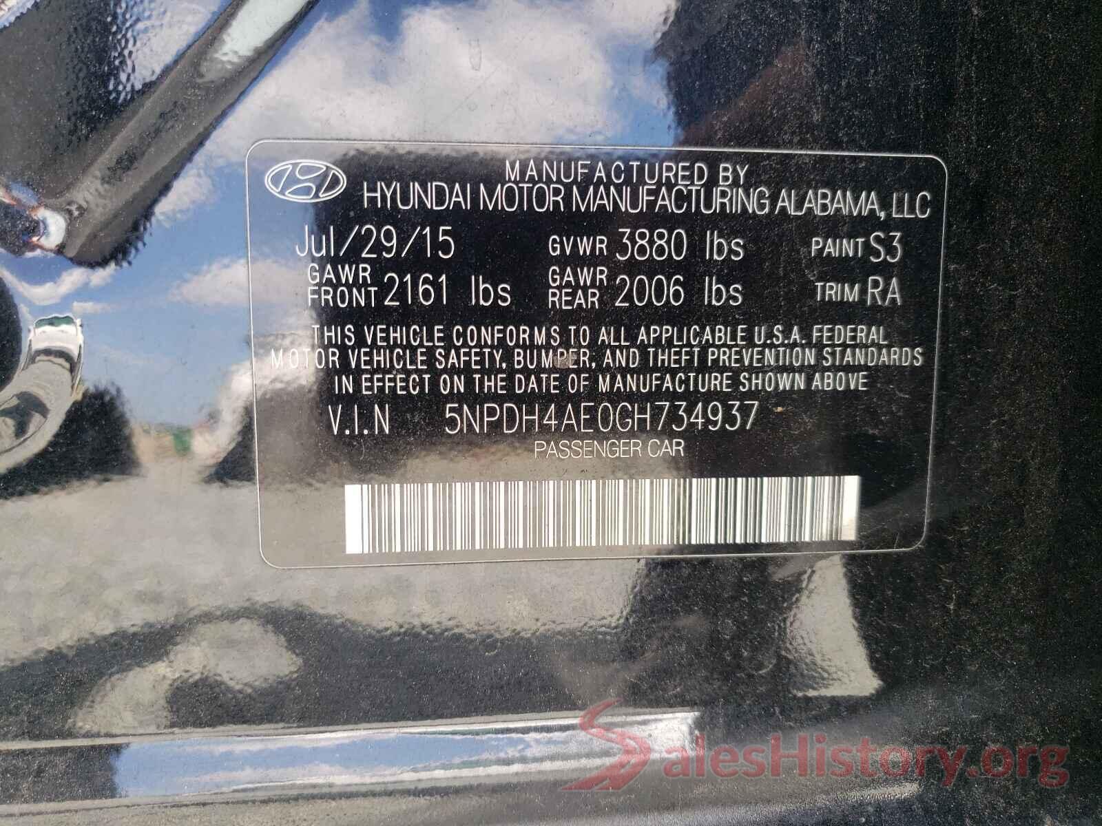 5NPDH4AE0GH734937 2016 HYUNDAI ELANTRA