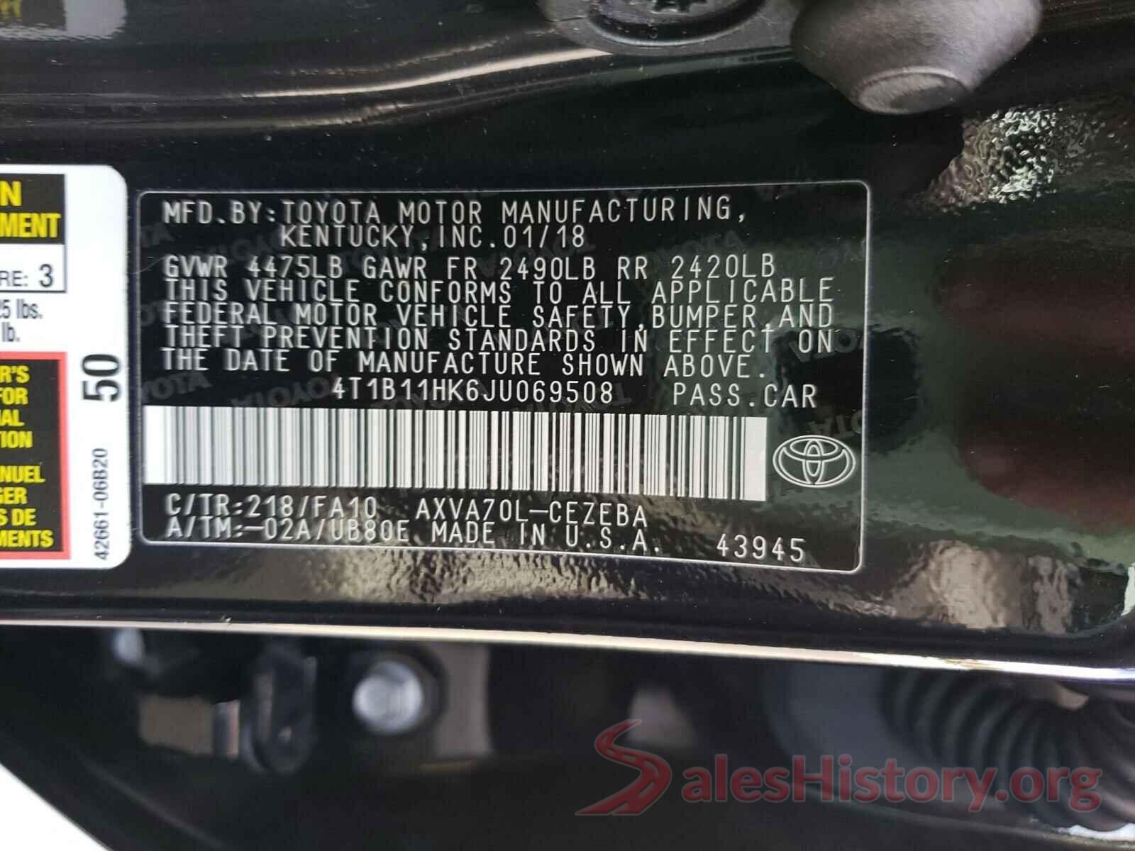 4T1B11HK6JU069508 2018 TOYOTA CAMRY