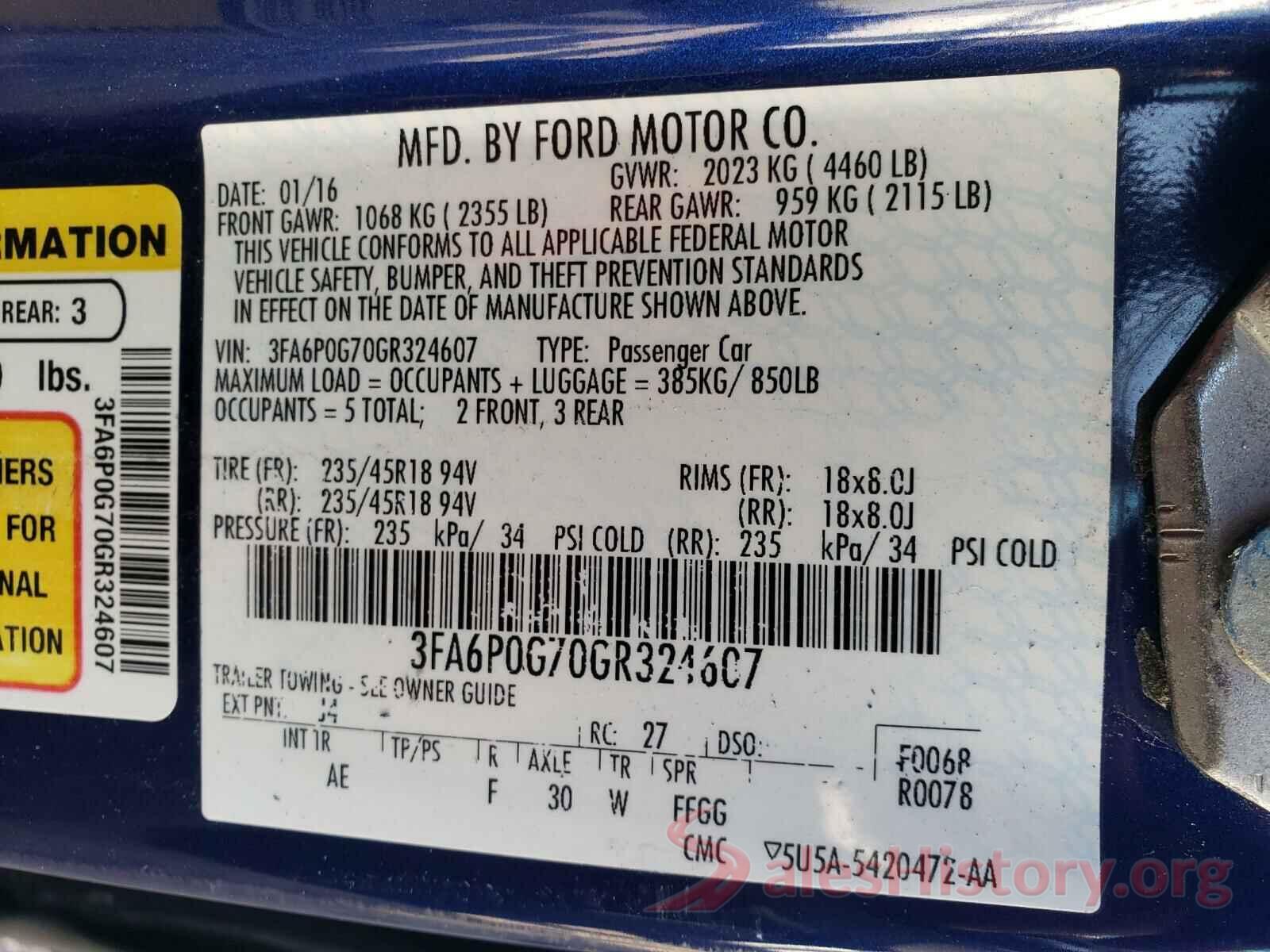 3FA6P0G70GR324607 2016 FORD FUSION