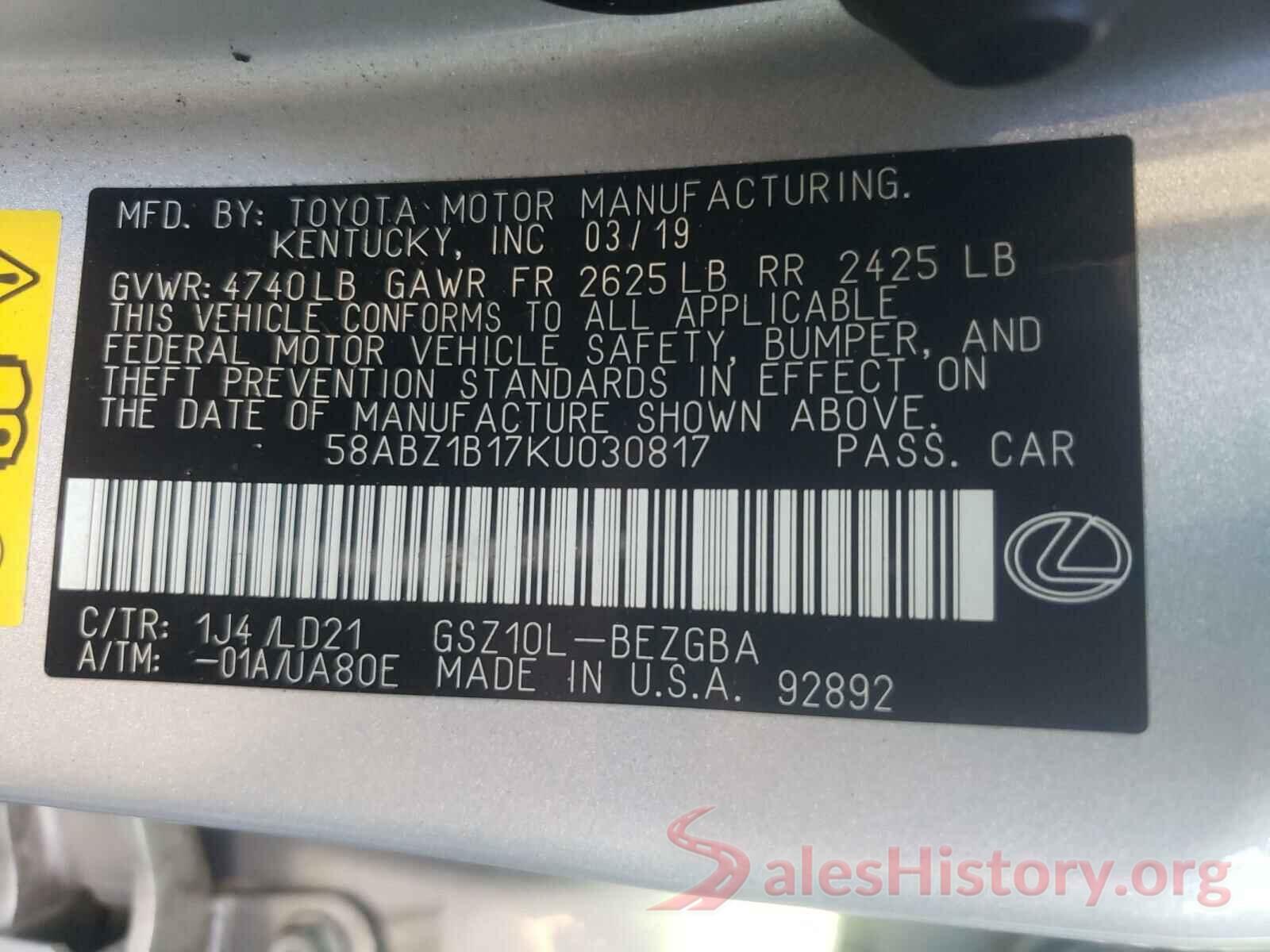 58ABZ1B17KU030817 2019 LEXUS ES350