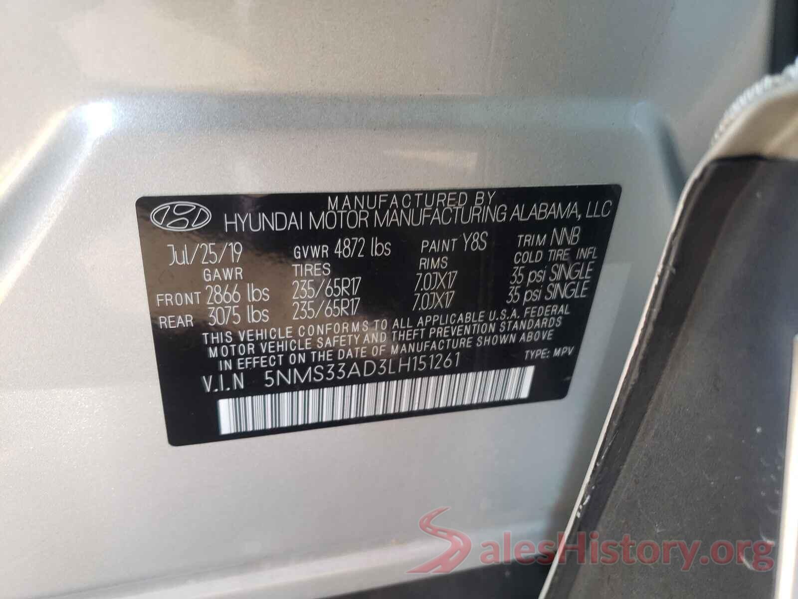 5NMS33AD3LH151261 2020 HYUNDAI SANTA FE