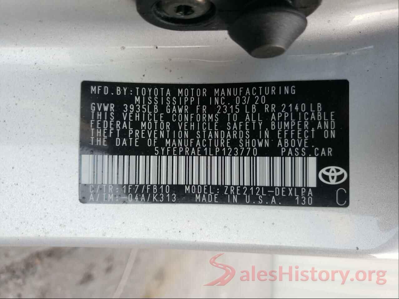 5YFEPRAE1LP123770 2020 TOYOTA COROLLA