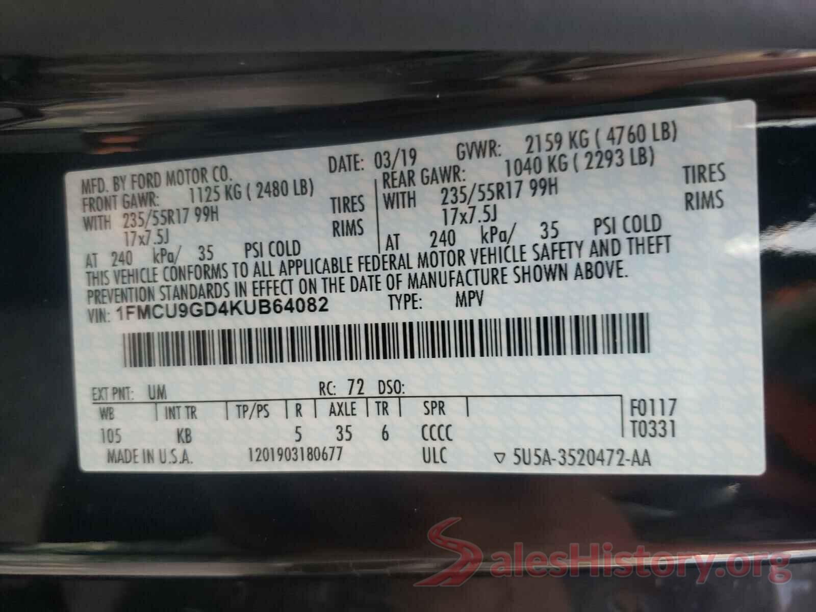 1FMCU9GD4KUB64082 2019 FORD ESCAPE