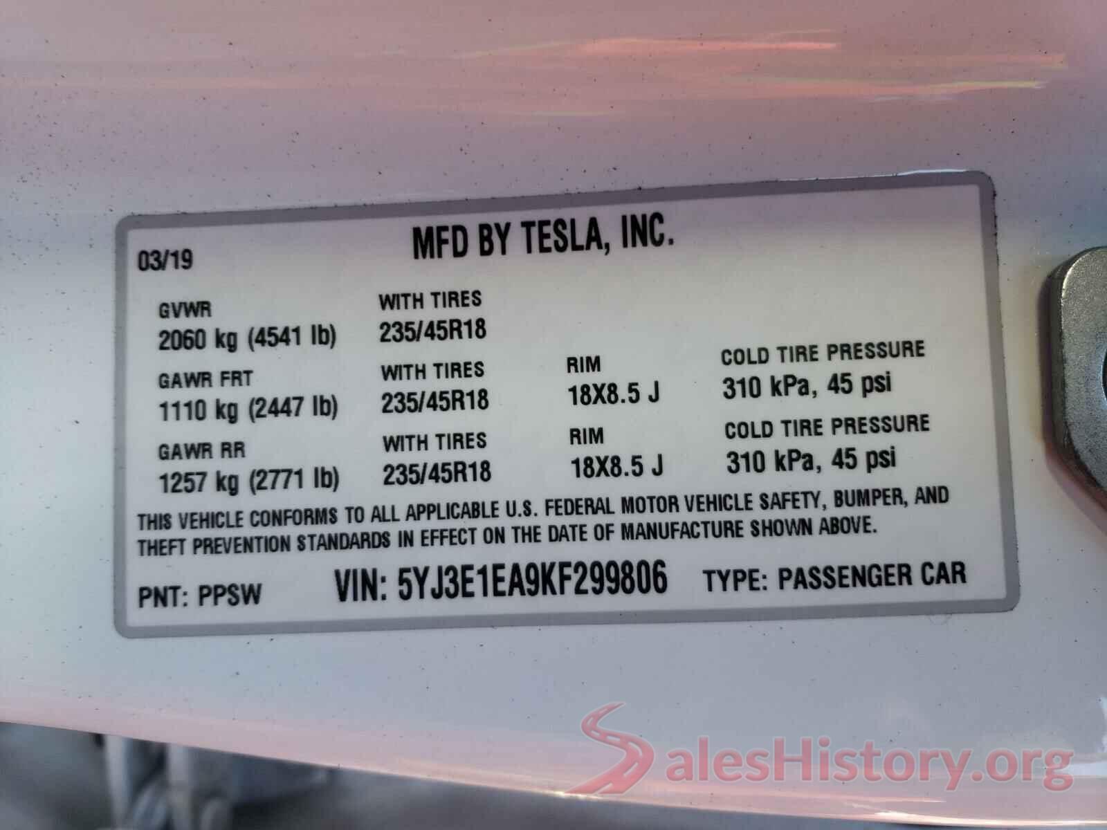 5YJ3E1EA9KF299806 2019 TESLA MODEL 3