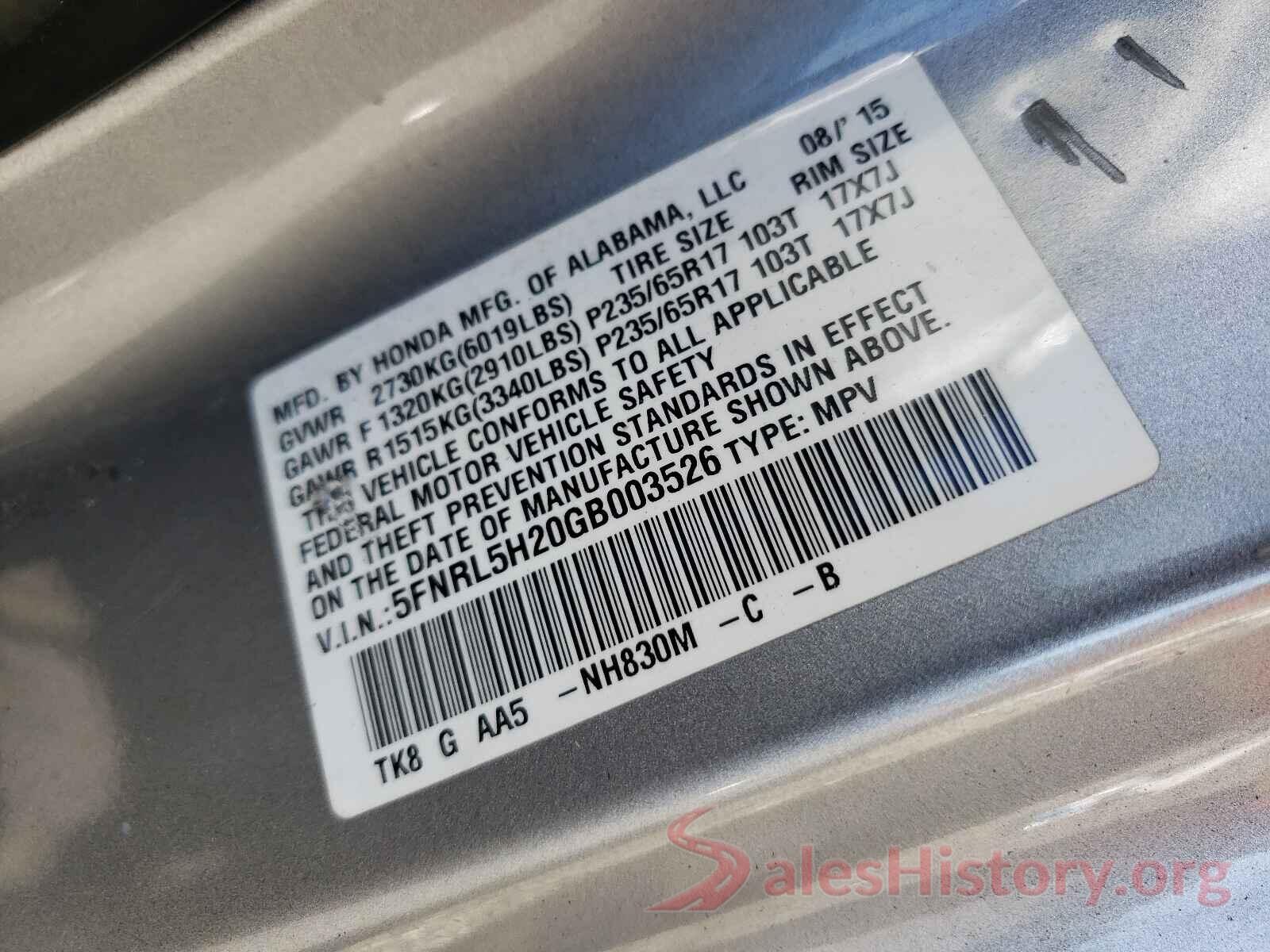 5FNRL5H20GB003526 2016 HONDA ODYSSEY