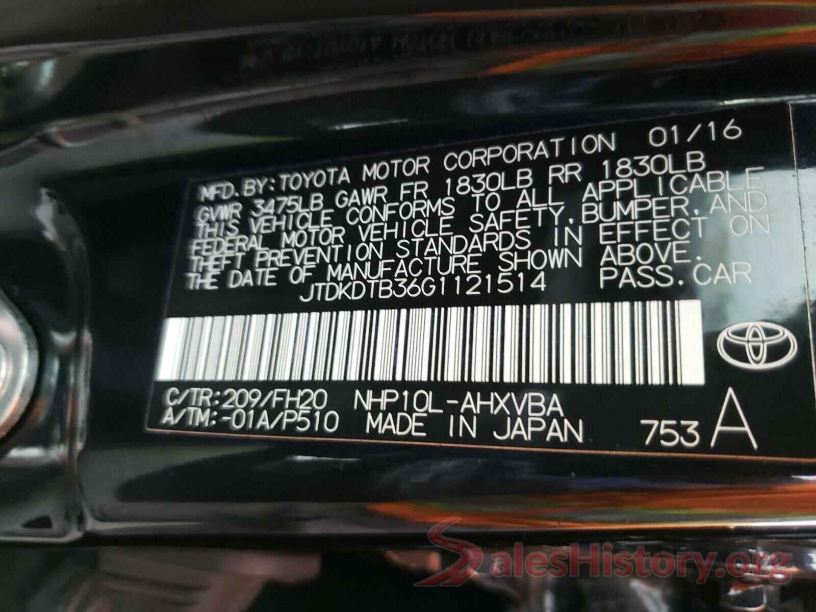 JTDKDTB36G1121514 2016 TOYOTA PRIUS