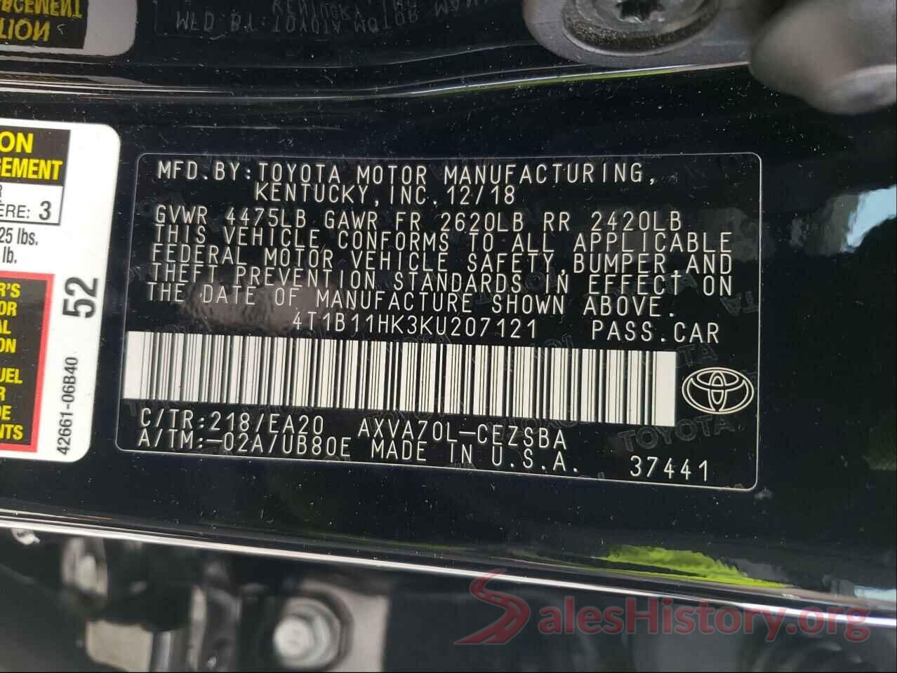 4T1B11HK3KU207121 2019 TOYOTA CAMRY