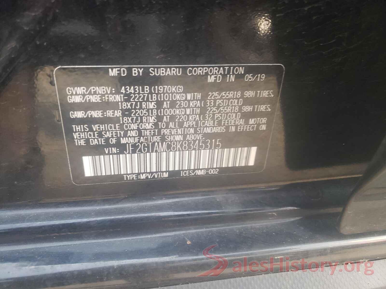 JF2GTAMC8K8345315 2019 SUBARU CROSSTREK