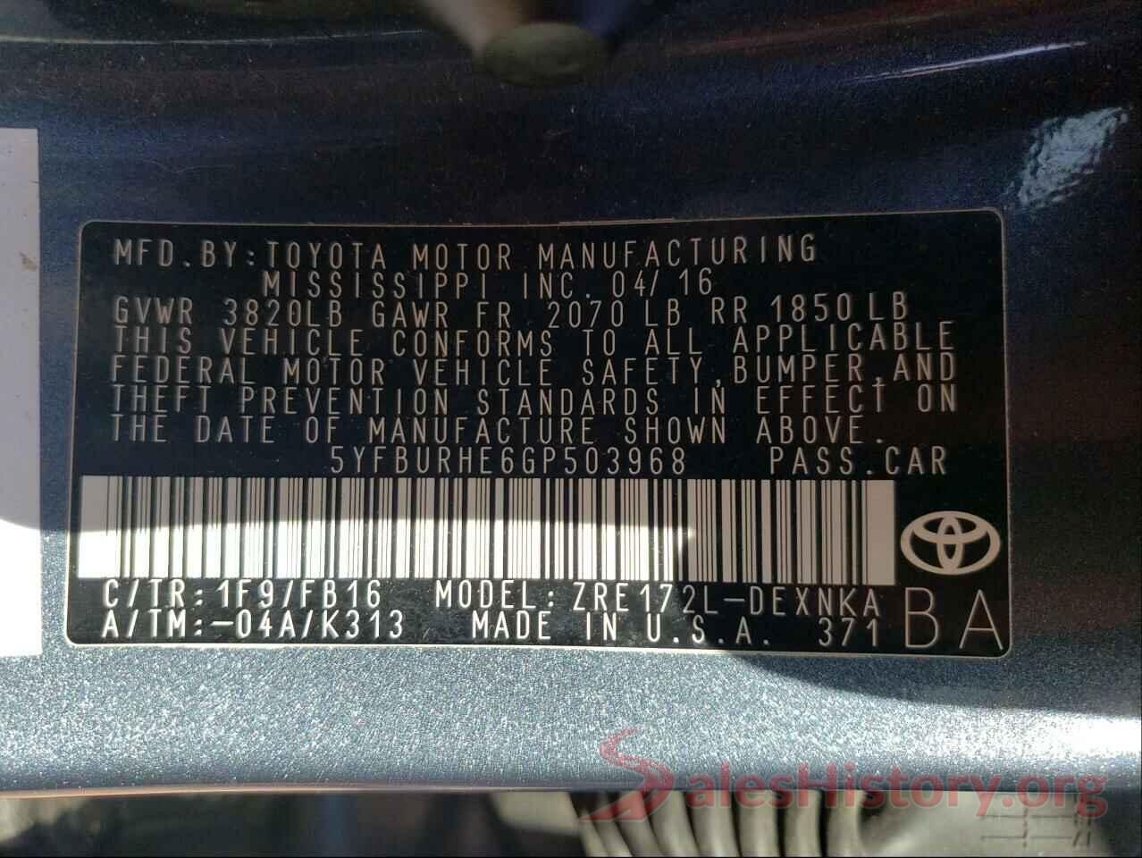 5YFBURHE6GP503968 2016 TOYOTA COROLLA