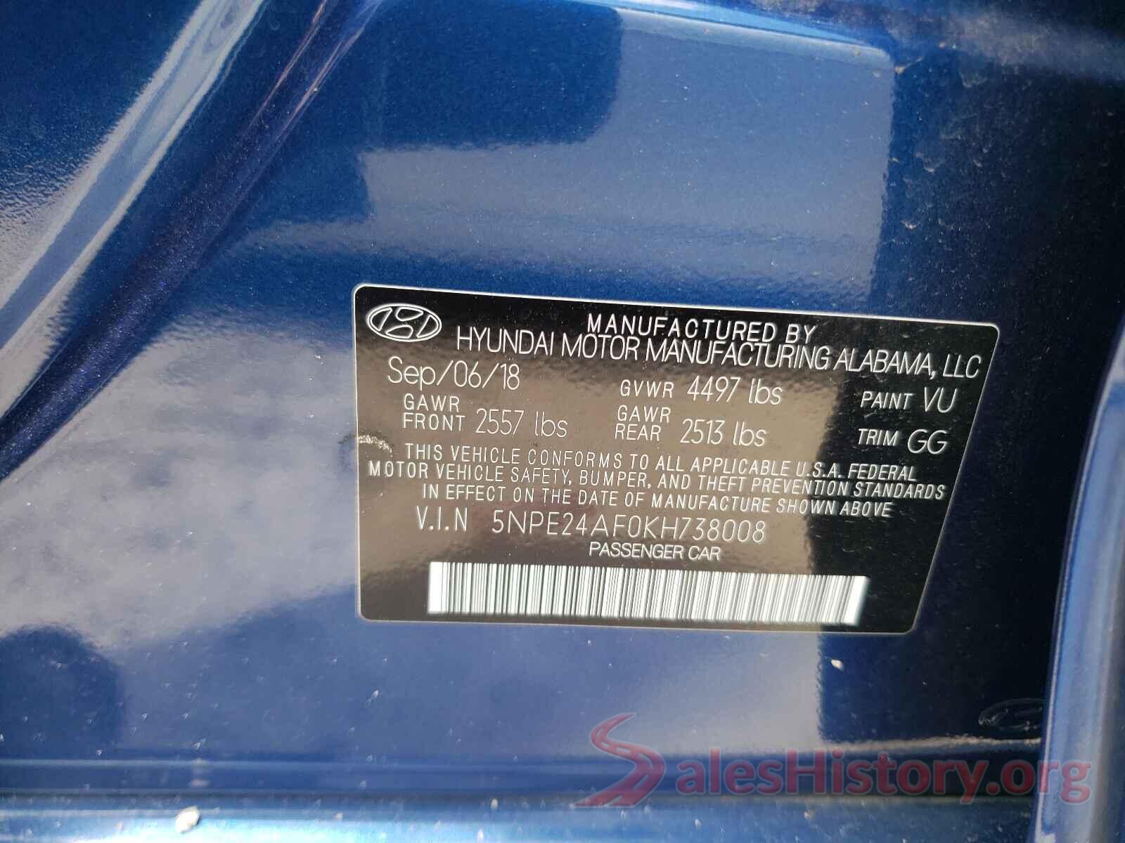 5NPE24AF0KH738008 2019 HYUNDAI SONATA