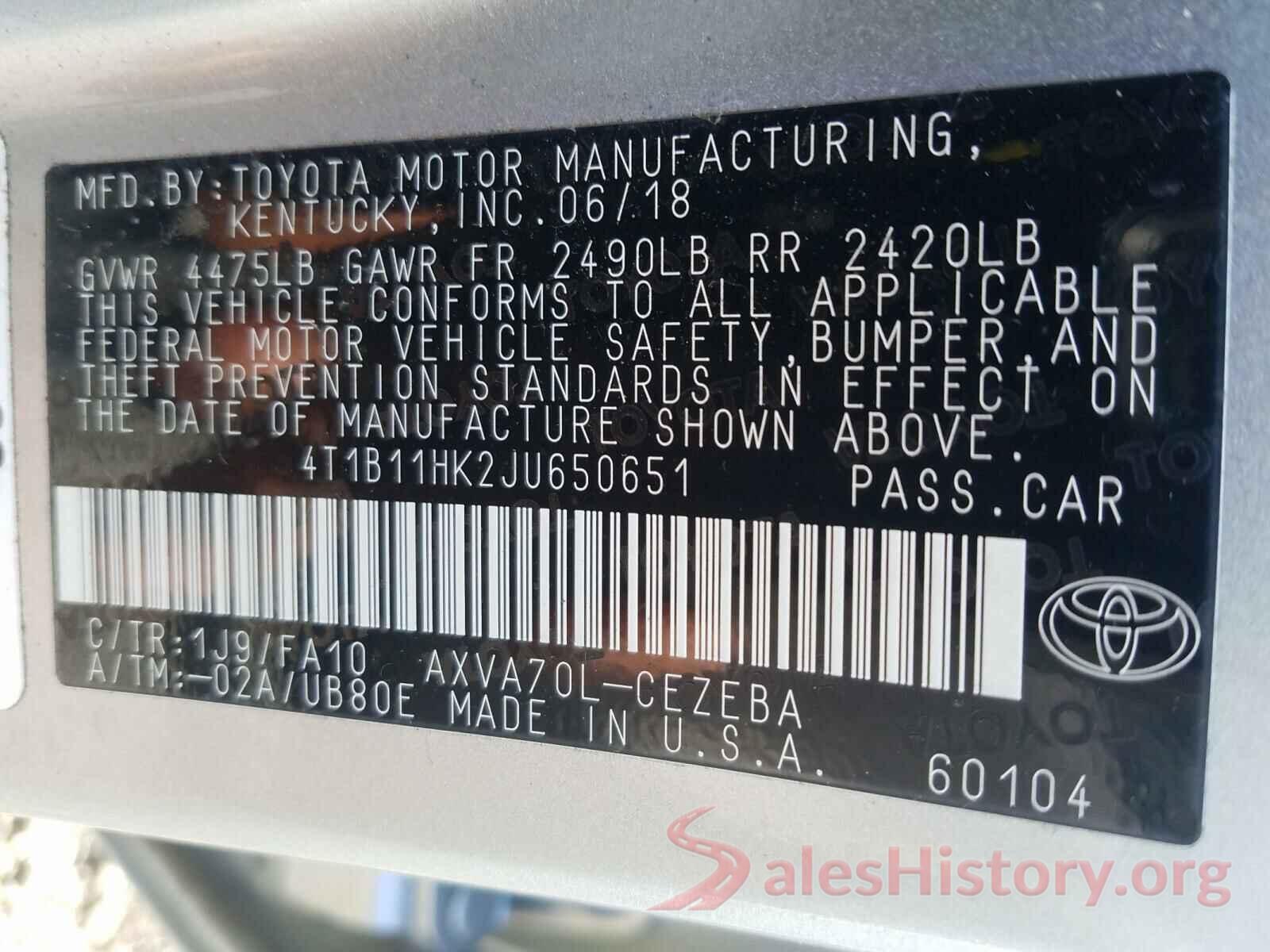 4T1B11HK2JU650651 2018 TOYOTA CAMRY